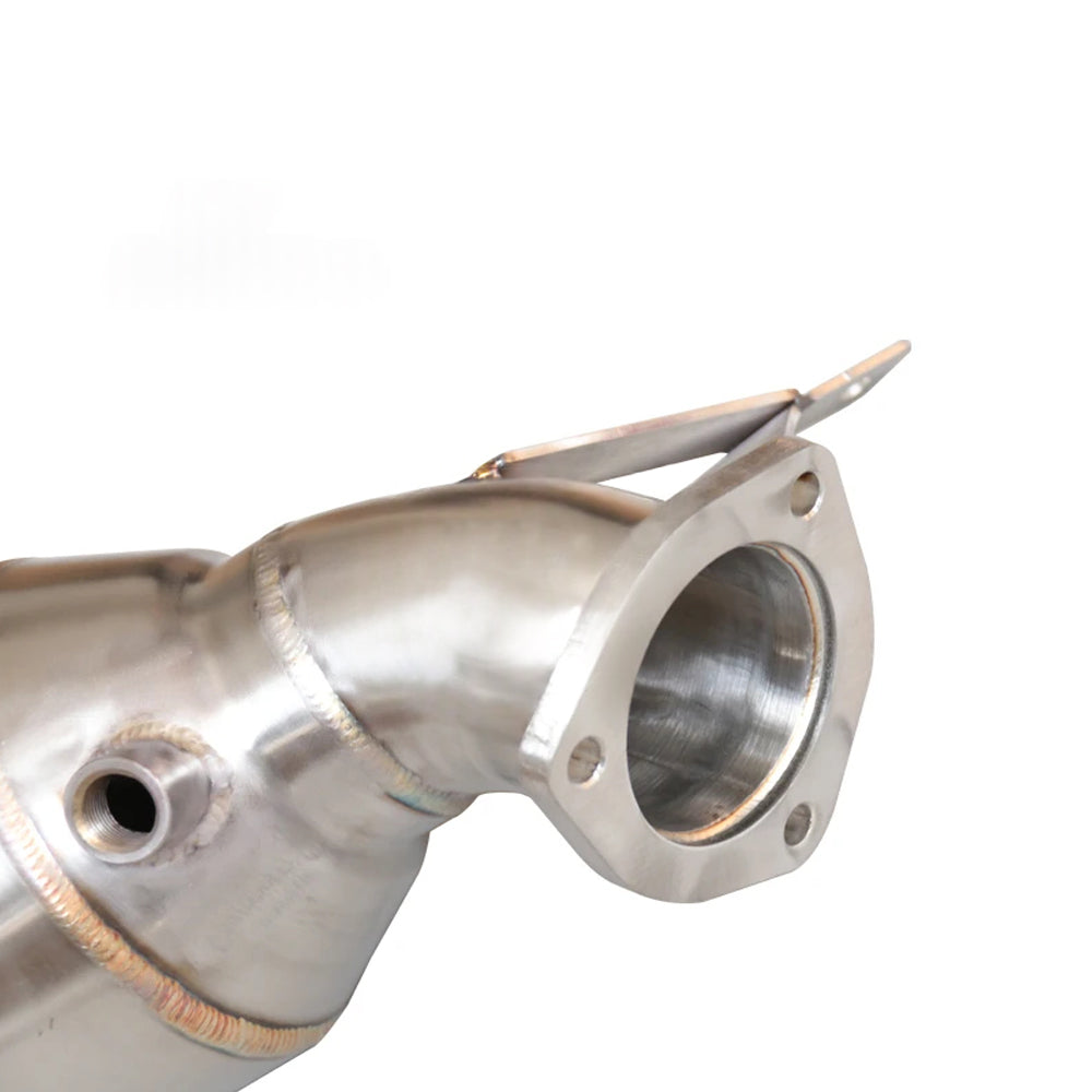 Audi 2.0 TFSI catless downpipe turbo flange close-up