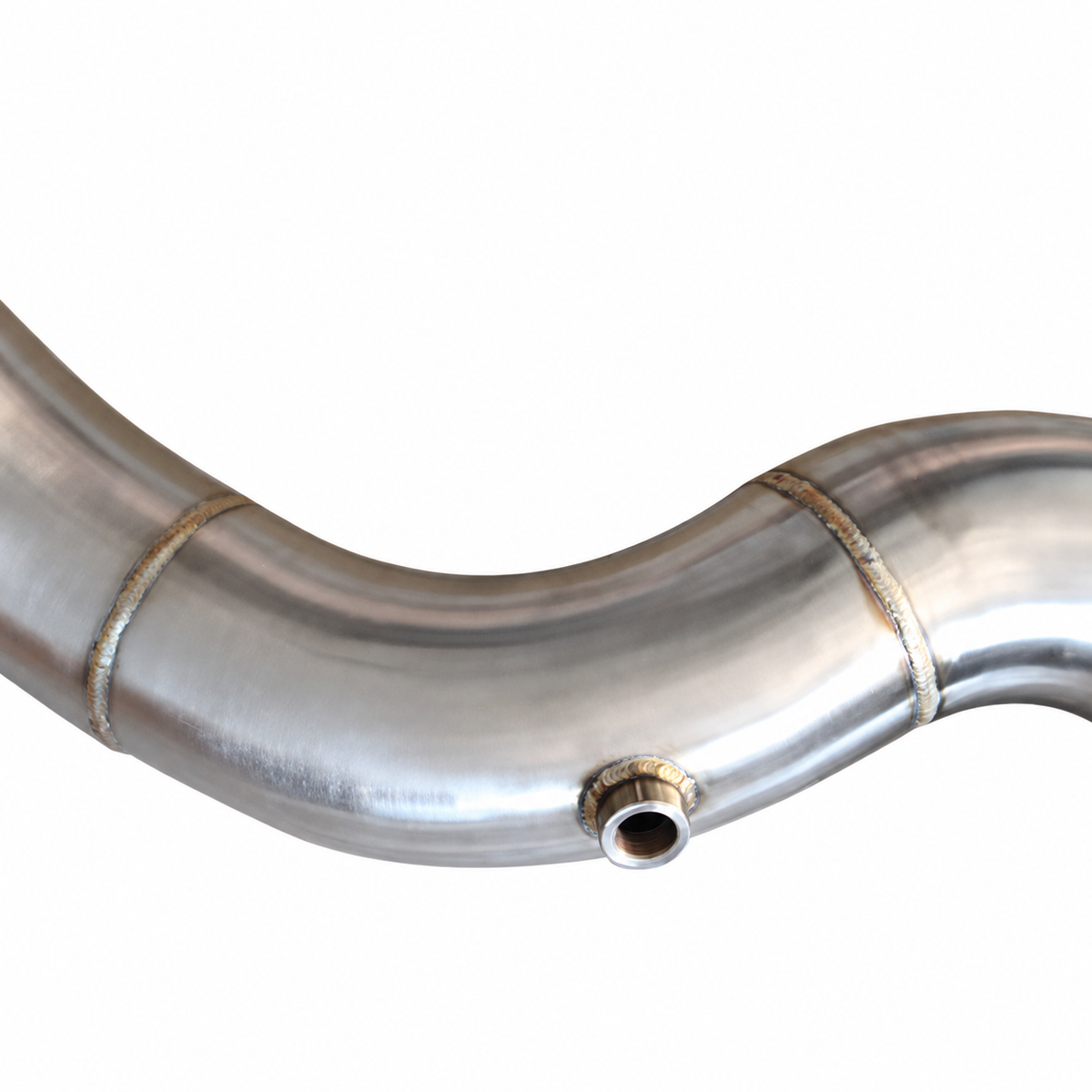Audi 2.5 TFSI catless downpipe oxygen sensor port and stainless steel weld detail