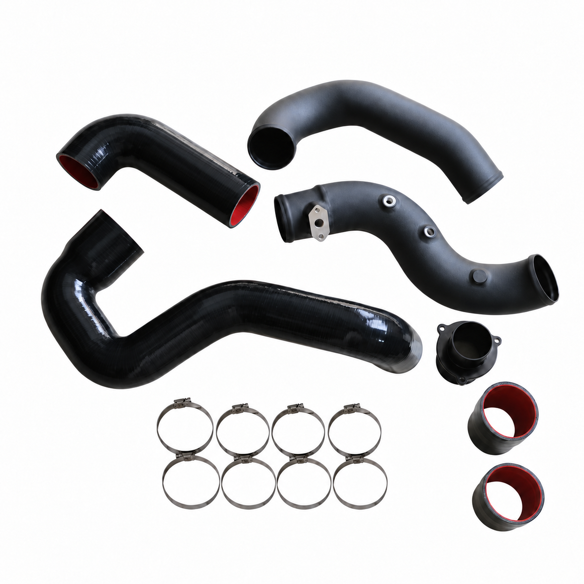 Audi A4 A5 Q5 2.0T performance charge pipe kit with black aluminum pipes red silicone couplers and hose clamps