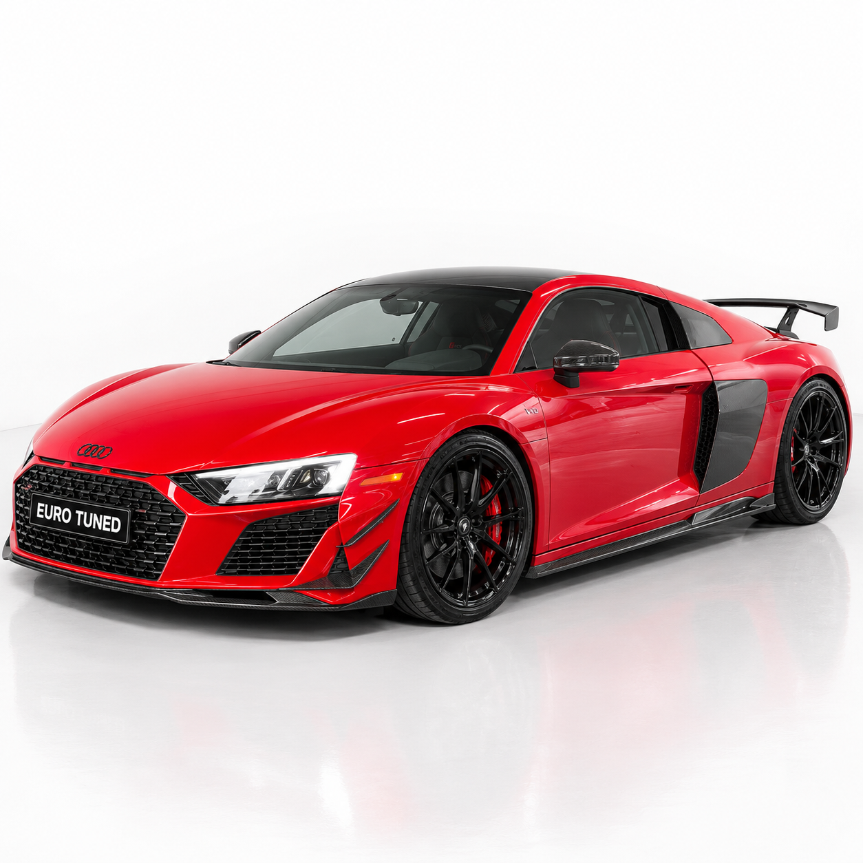 Gloss carbon fiber side skirt extensions on Audi R8 Type 4S V10