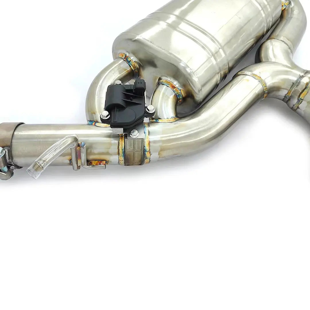 Audi RS3 8Y and TT RS 8S 2.5 TFSI valved exhaust muffler detail with electronic valve actuator