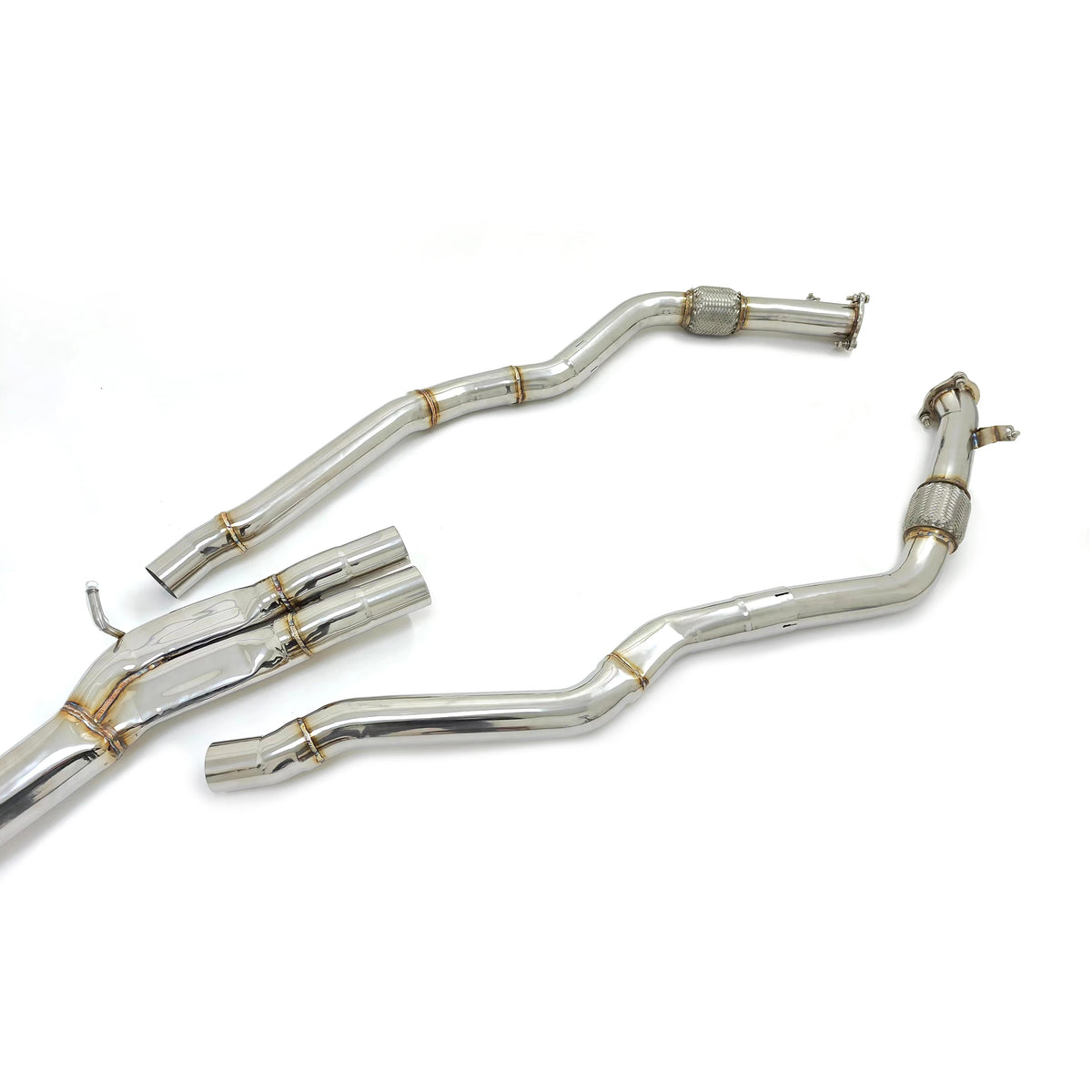 Audi RS4 B9 and RS5 B9 2.9T stainless steel front exhaust pipe detail for 3.5-inch performance exhaust system