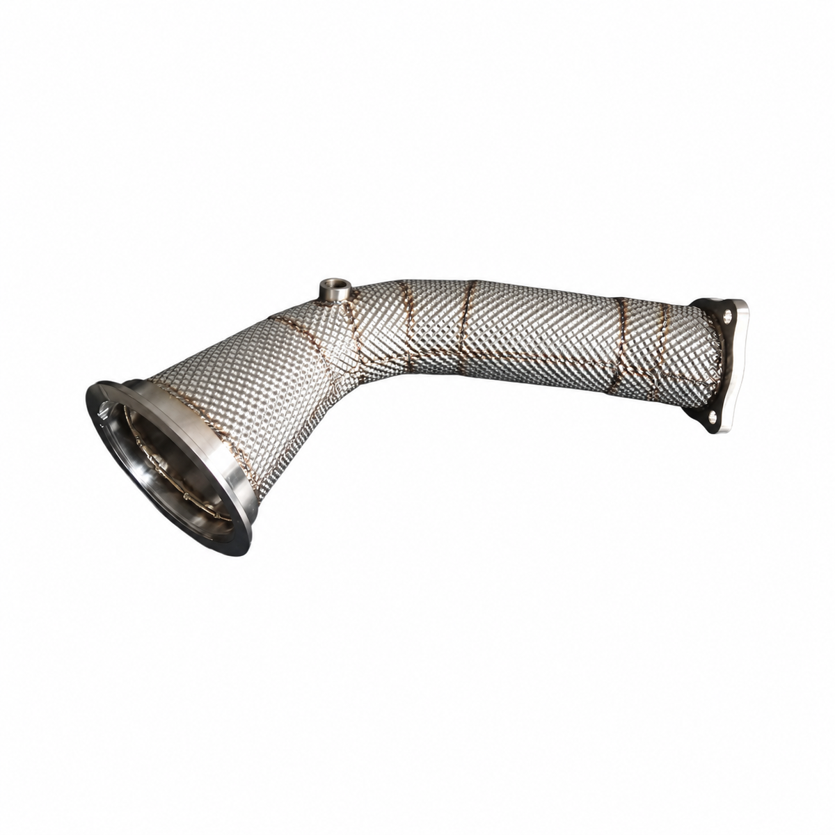 Audi RS4 B9 RS5 F5 catless downpipe flange and stainless steel heat shield detail