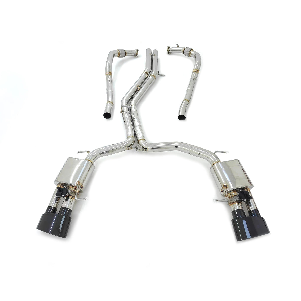 Audi RS6 C8 and RS7 C8 4.0T valved cat-back exhaust layout with rear mufflers and tips