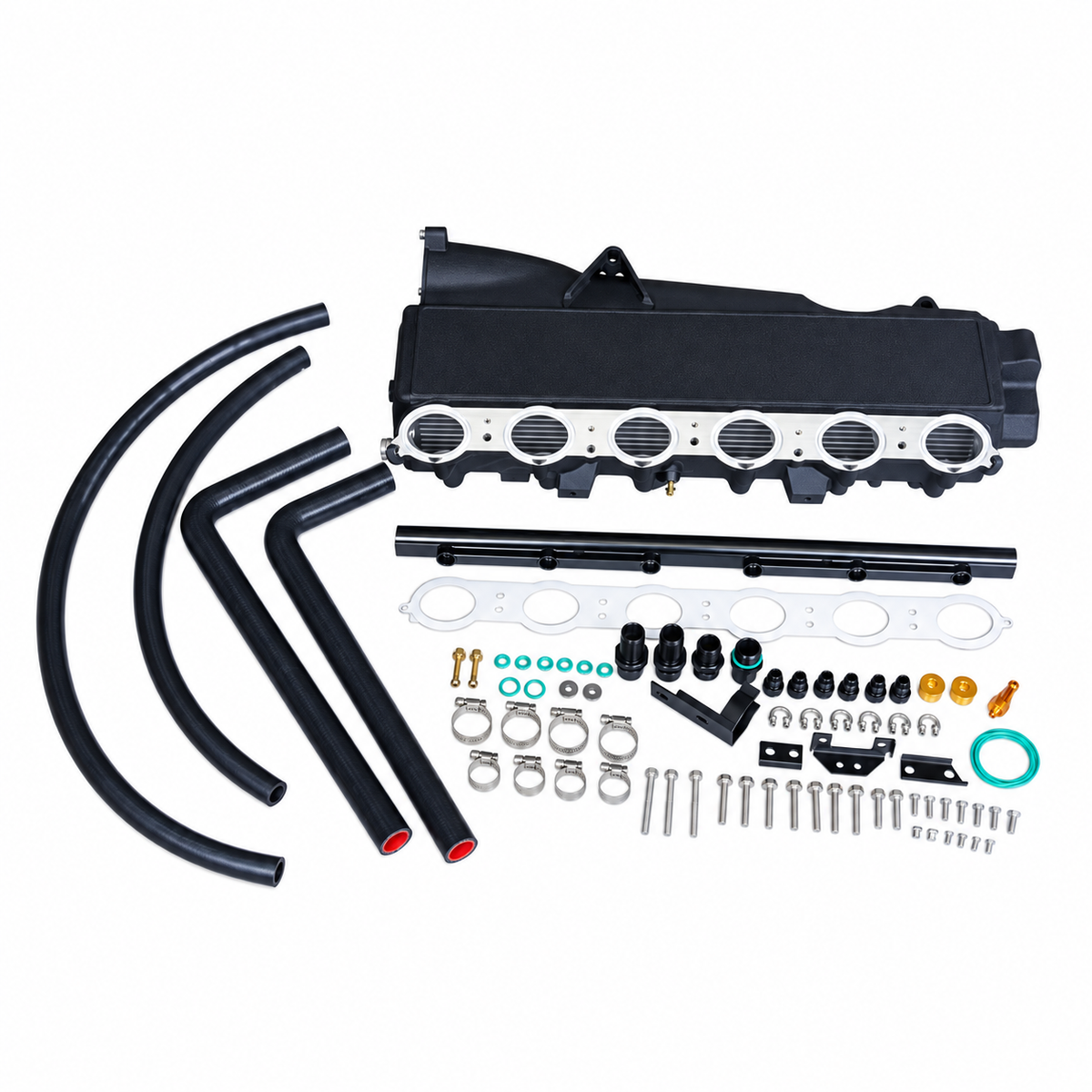 BMW B58 Gen 2 black billet port injection intake manifold kit with hoses fittings seals and installation hardware