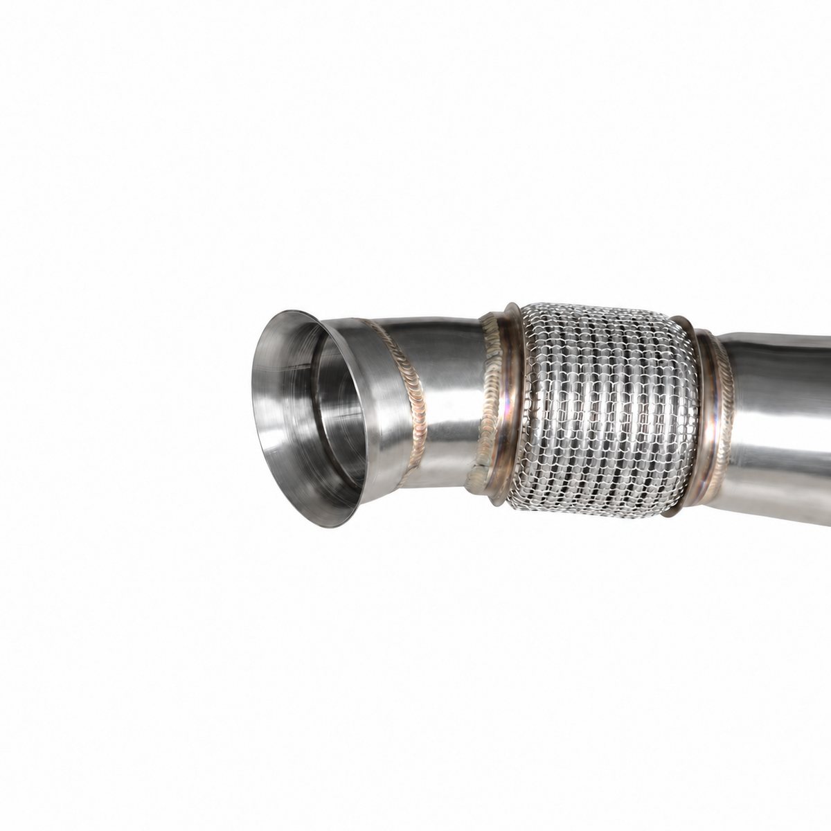 BMW B58 Gen 3 catless downpipe stainless steel flex section detail