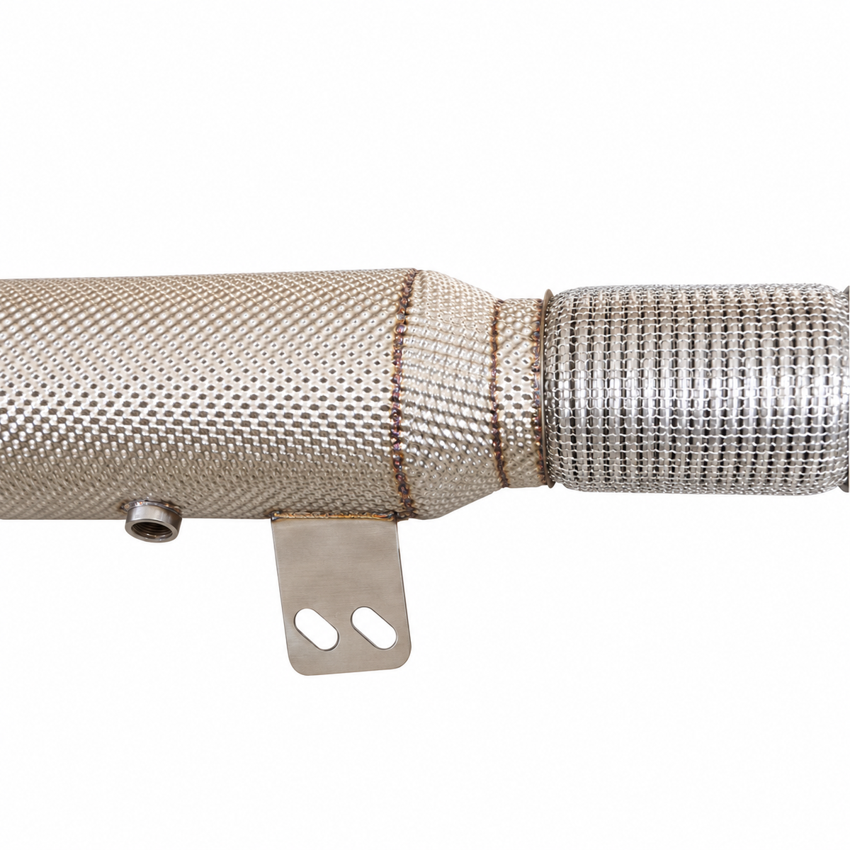 BMW B58TU OPF catless downpipe heat shield and mounting bracket detail