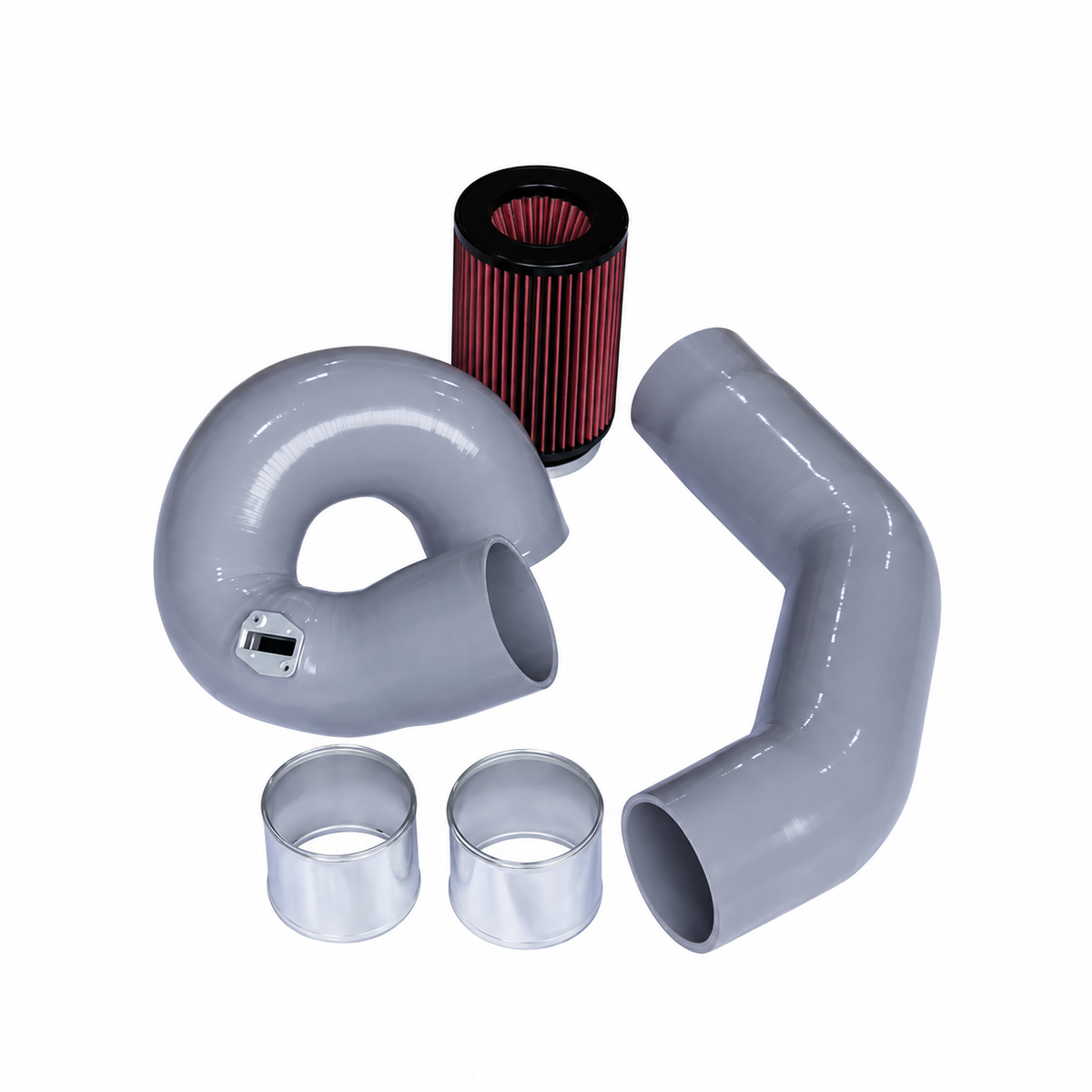 BMW F-Chassis B58 front mount cold air intake kit with gray silicone intake hoses and red high-flow air filter