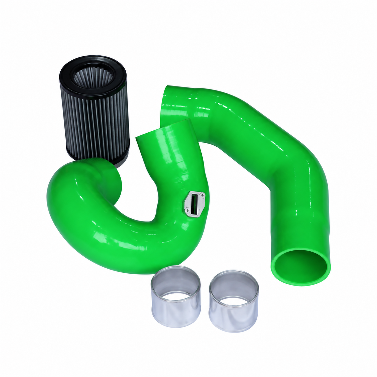 BMW F-Chassis B58 front mount cold air intake kit with green silicone intake hoses and high-flow air filter