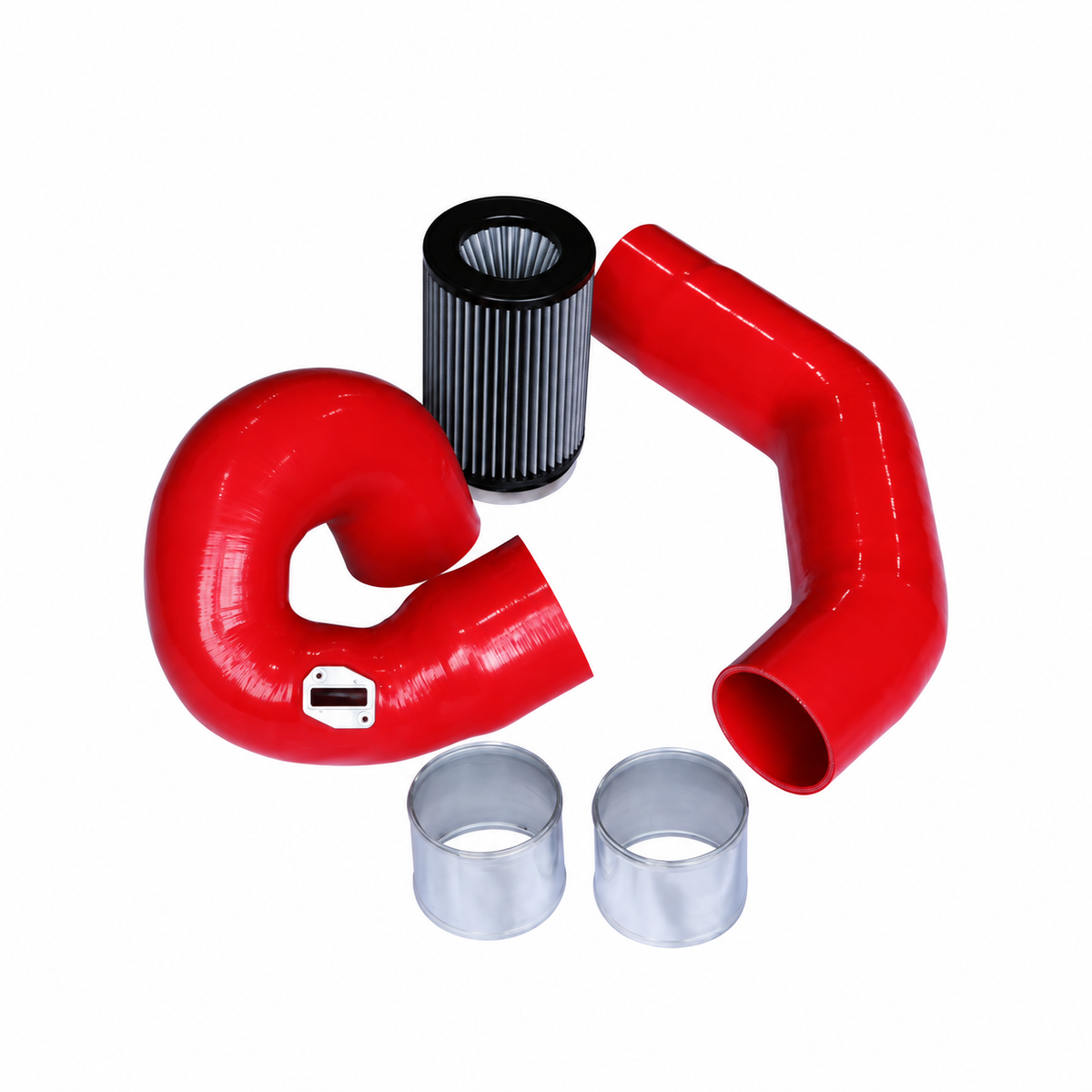 BMW F-Chassis B58 front mount cold air intake kit with red silicone intake hoses and high-flow air filter