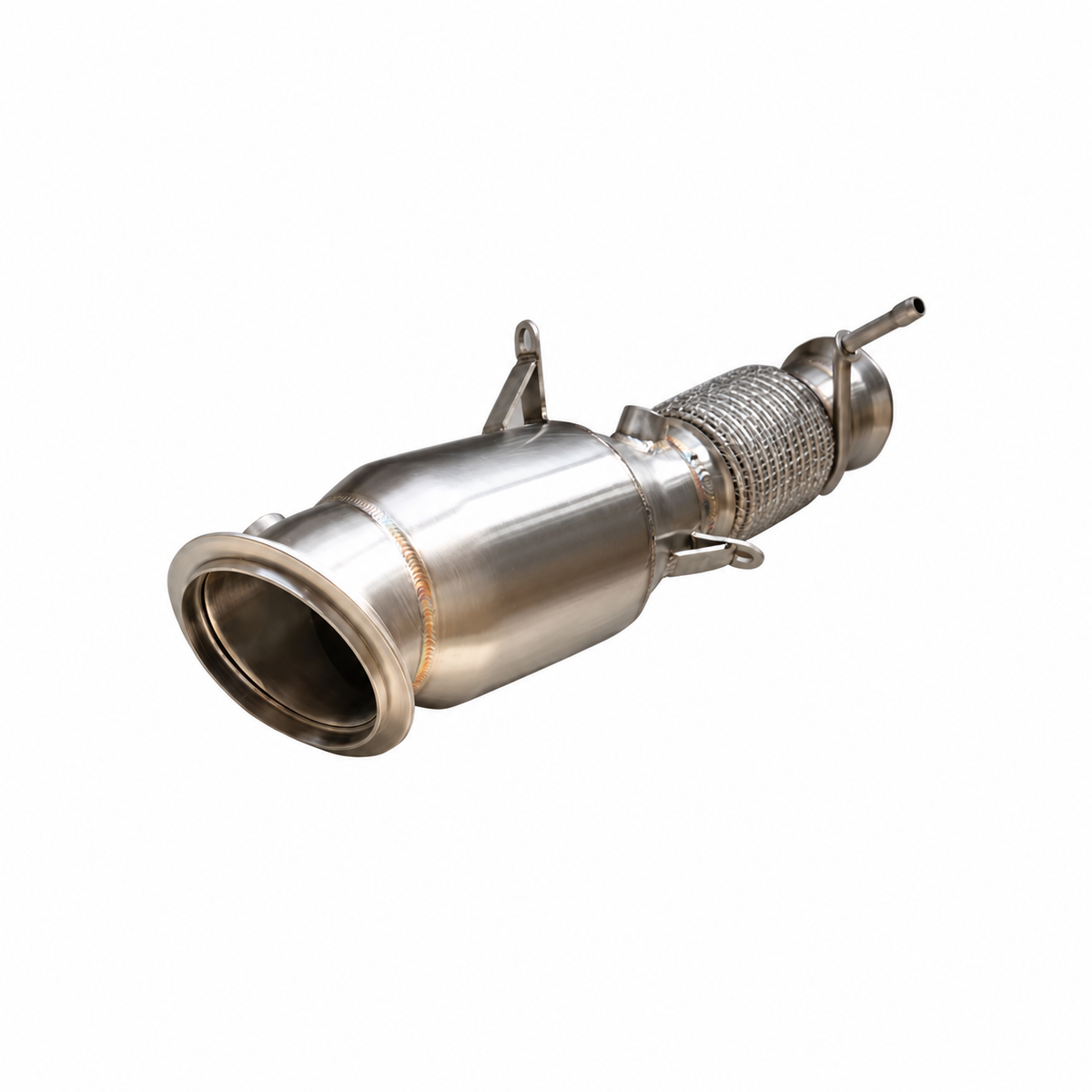 BMW F10 N20 catless downpipe turbo inlet and high-flow exhaust section detail