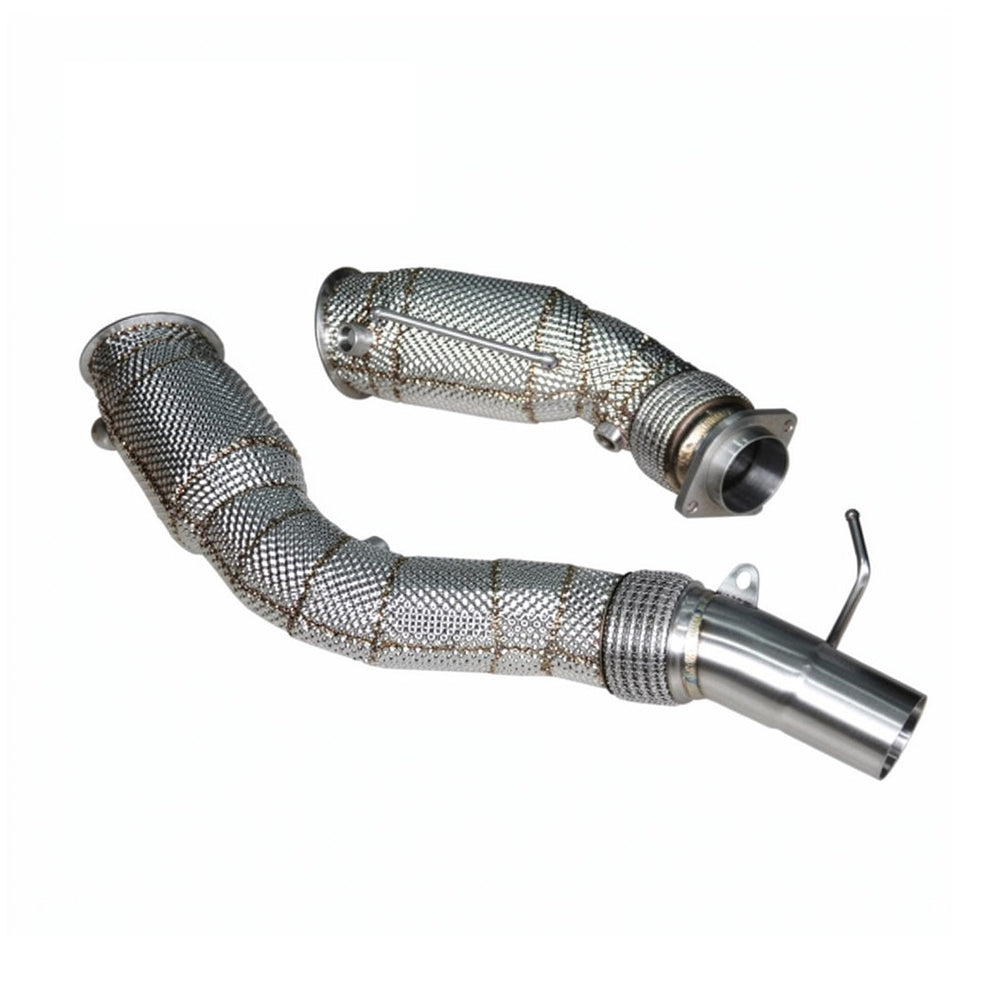 BMW F82 F83 S55 catted downpipes full length view with heat shielding