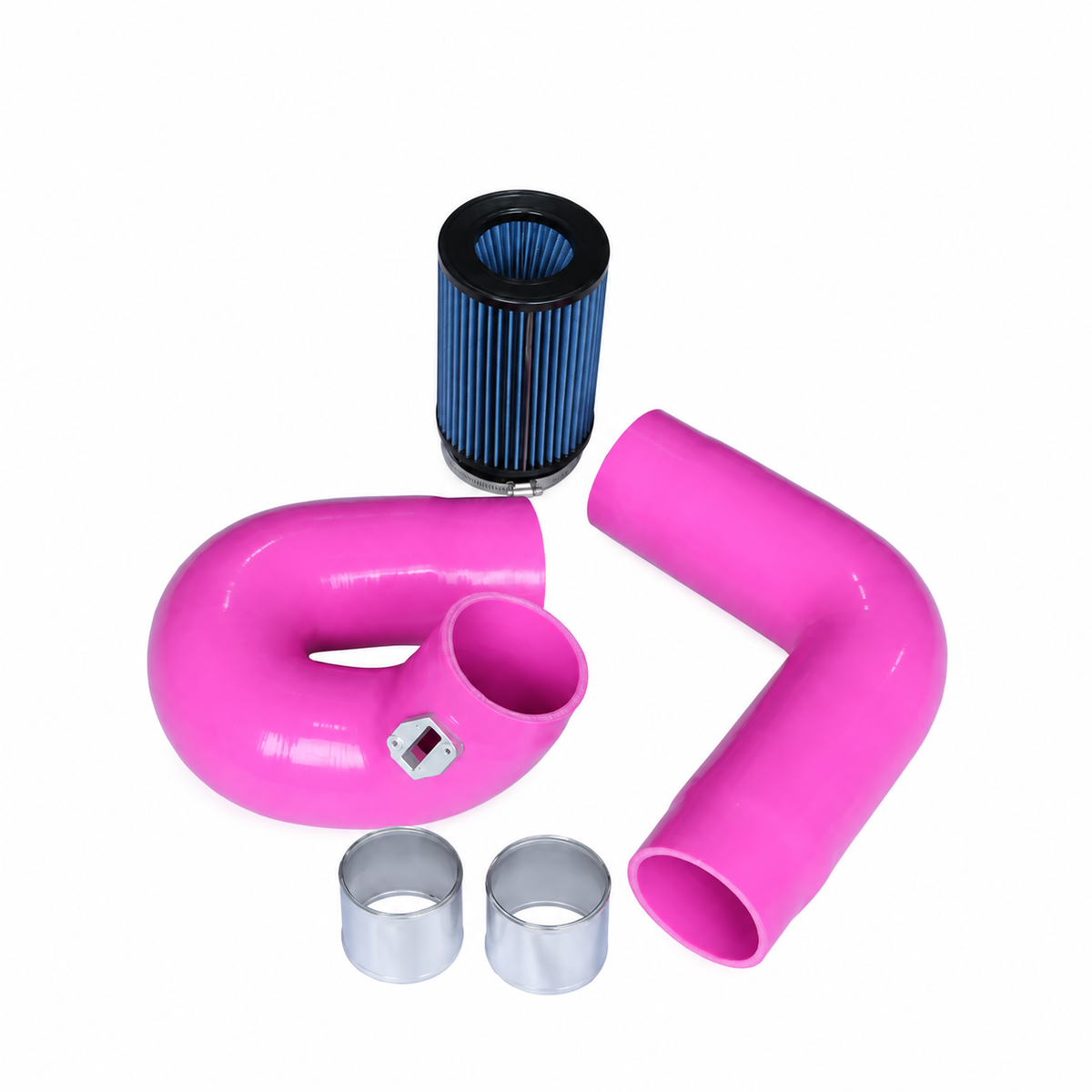 BMW G-Chassis B58 front mount cold air intake kit with pink silicone intake hoses and blue high-flow air filter