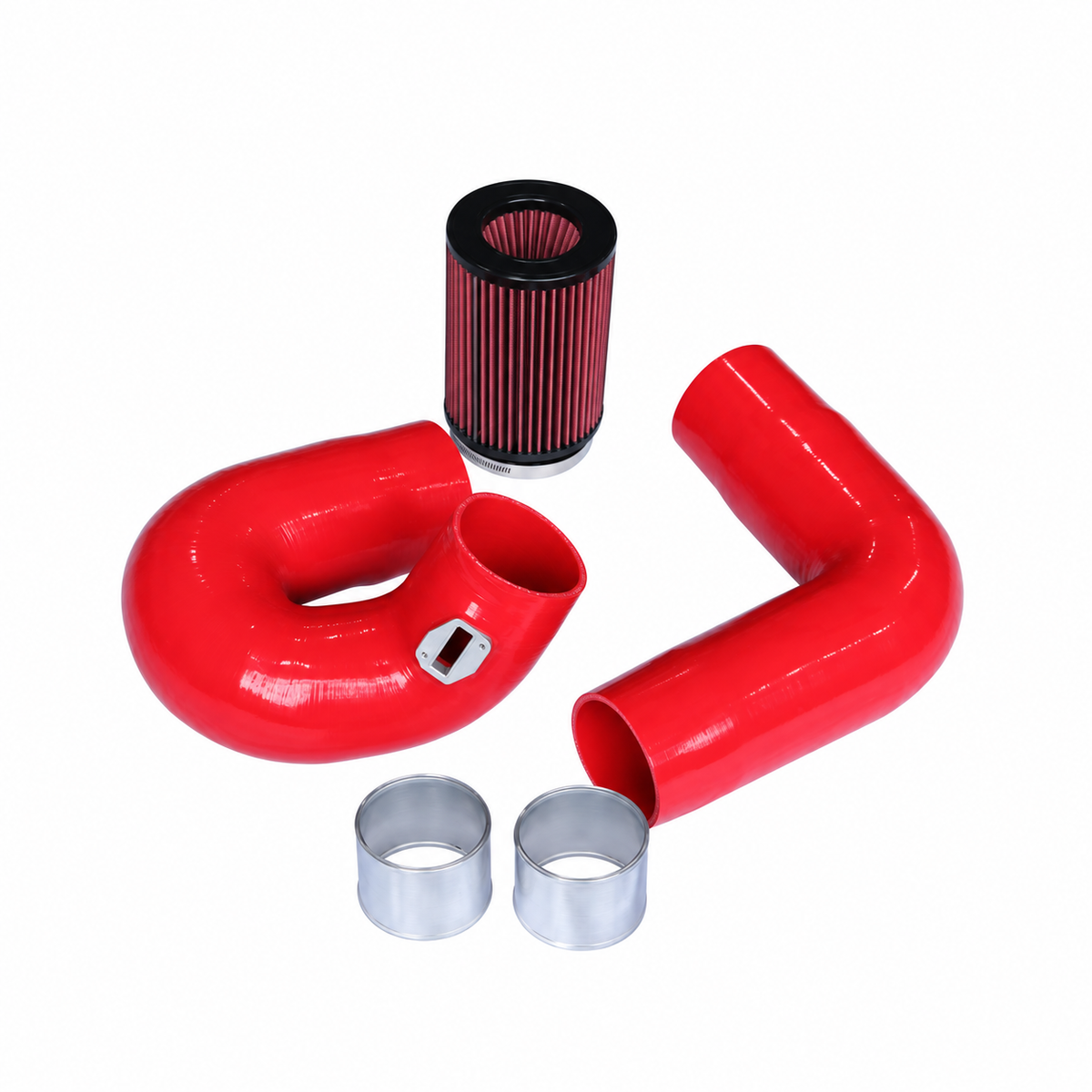 BMW G-Chassis B58 front mount cold air intake kit with red silicone intake hoses and red high-flow air filter