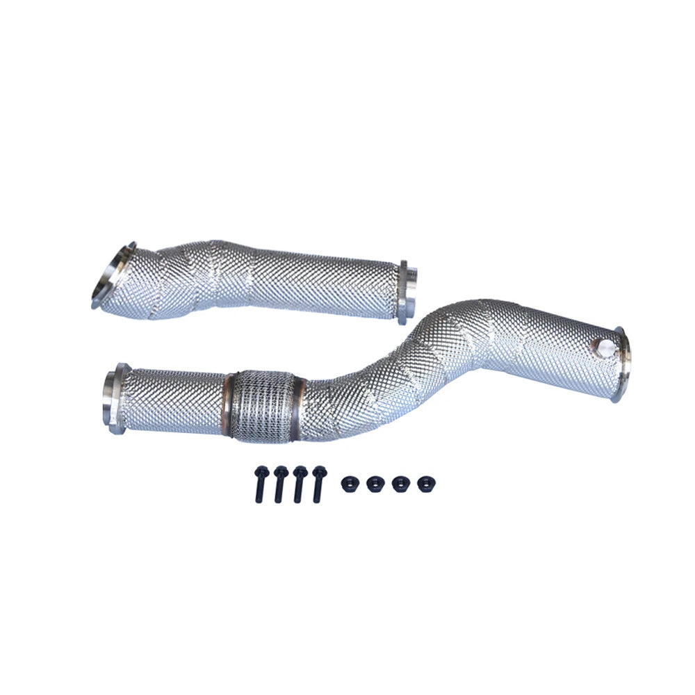 BMW G8X S58 SS304 Non-OPF catless downpipe pair with installation hardware