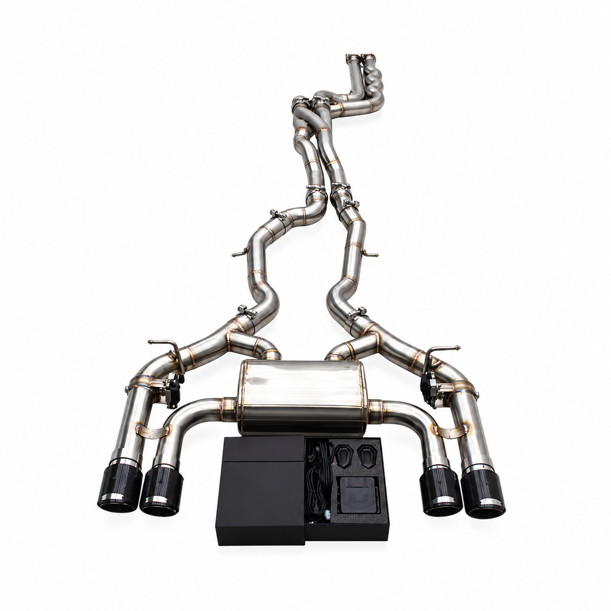 BMW M2 Competition F87 S55 valved cat-back exhaust system rear view with quad exhaust tips