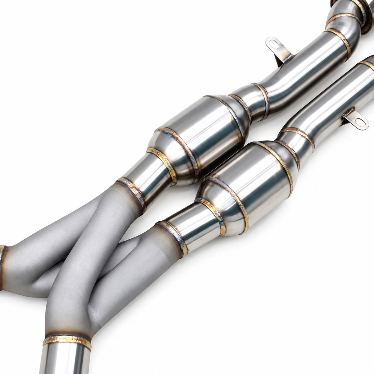 BMW M3 E90 E92 and E93 S65 Z-Pipe midpipe detail with dual 200-cell high-flow catalytic converters
