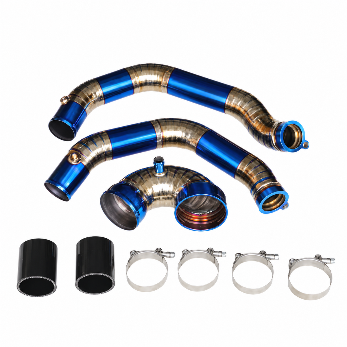 BMW M3 F80 M4 F82 S55 blue titanium charge and boost pipe kit with silicone couplers and clamps