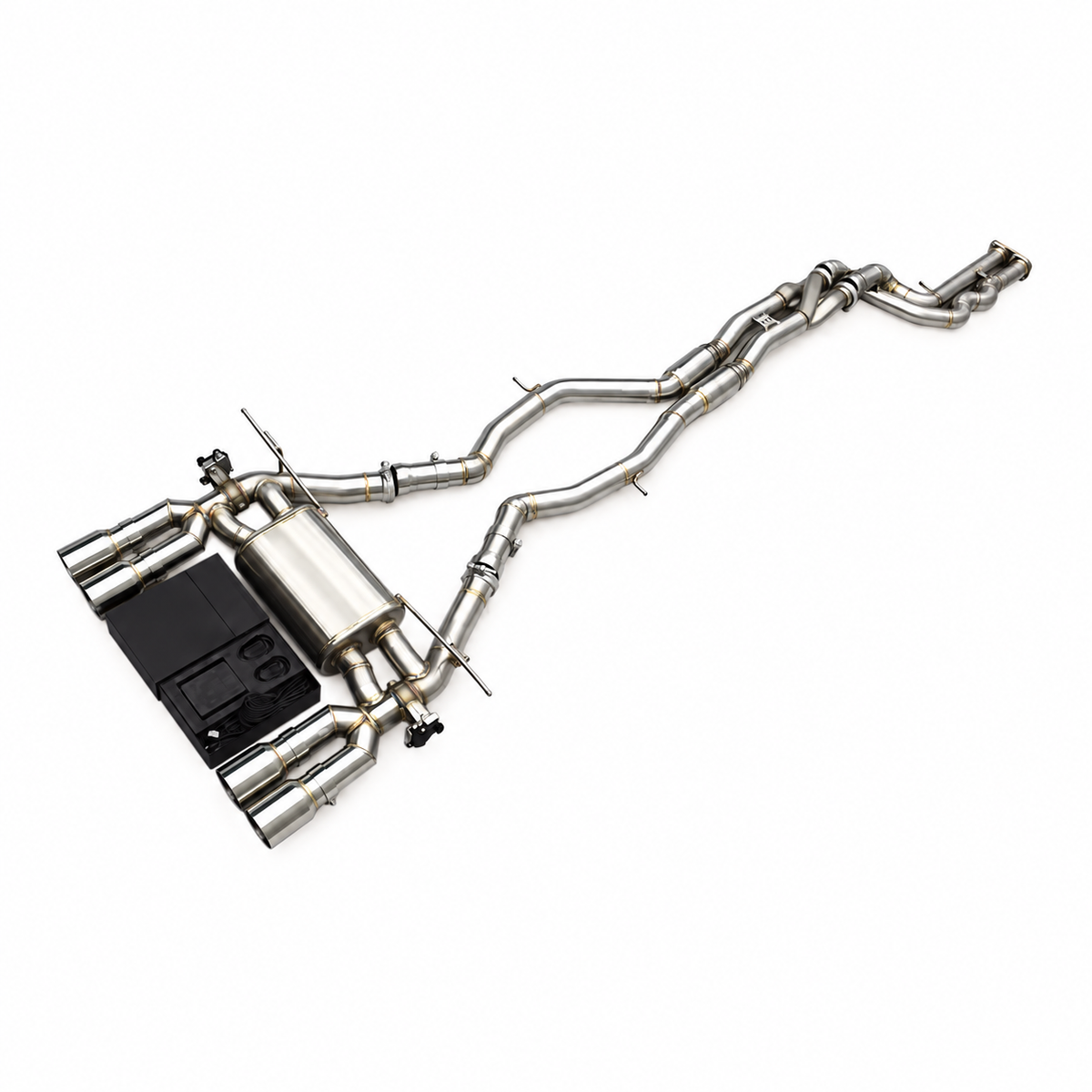BMW M3 F80 and M4 F82 S55 resonated Z-Pipe valved exhaust system angle view