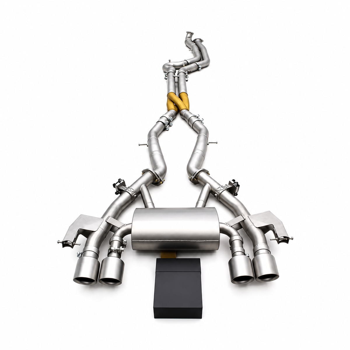 BMW M3 G80 and M4 G82 S58 Z-Pipe valved cat-back exhaust system rear view with quad tips