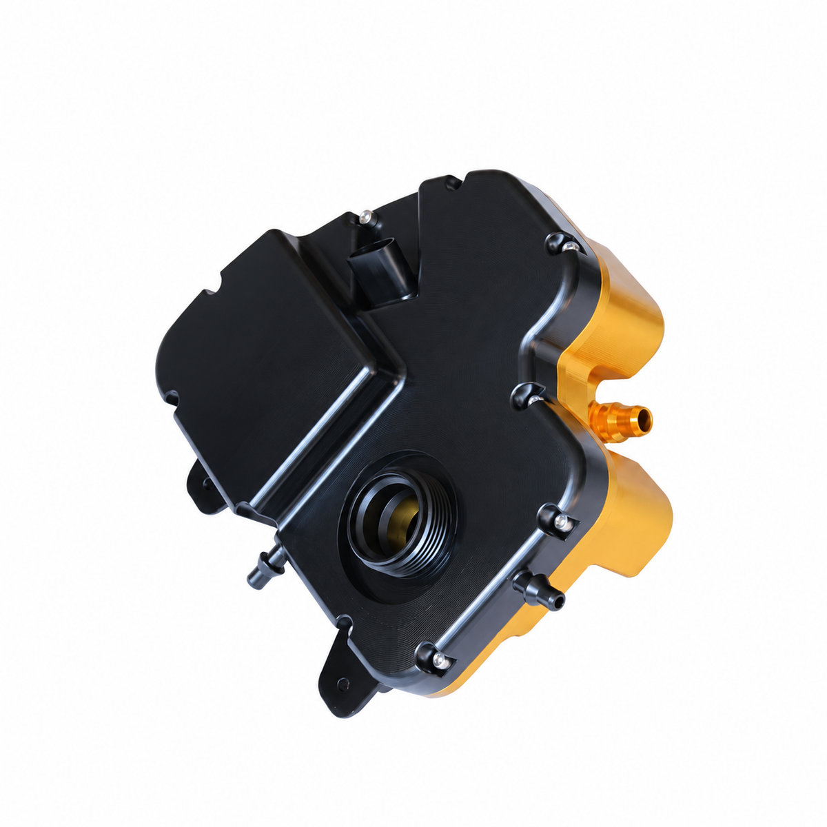 BMW M5 F90 black and gold billet coolant reservoir with CNC machined aluminum construction