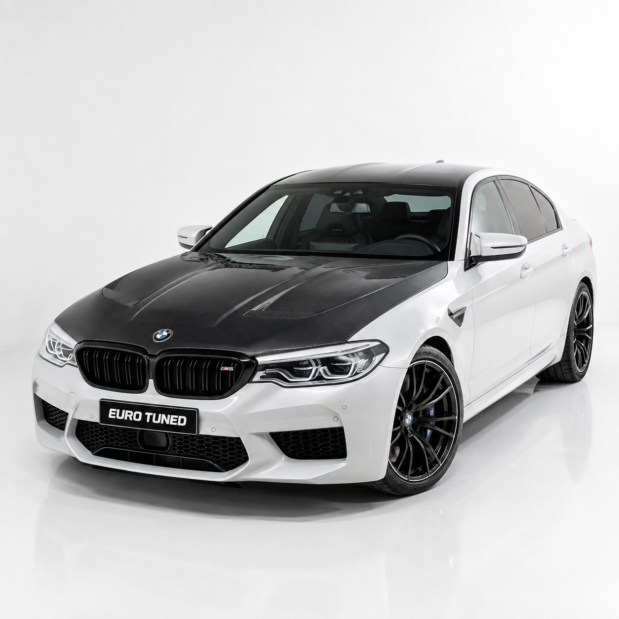 BMW M5 F90 carbon fiber engine hood installed front angle