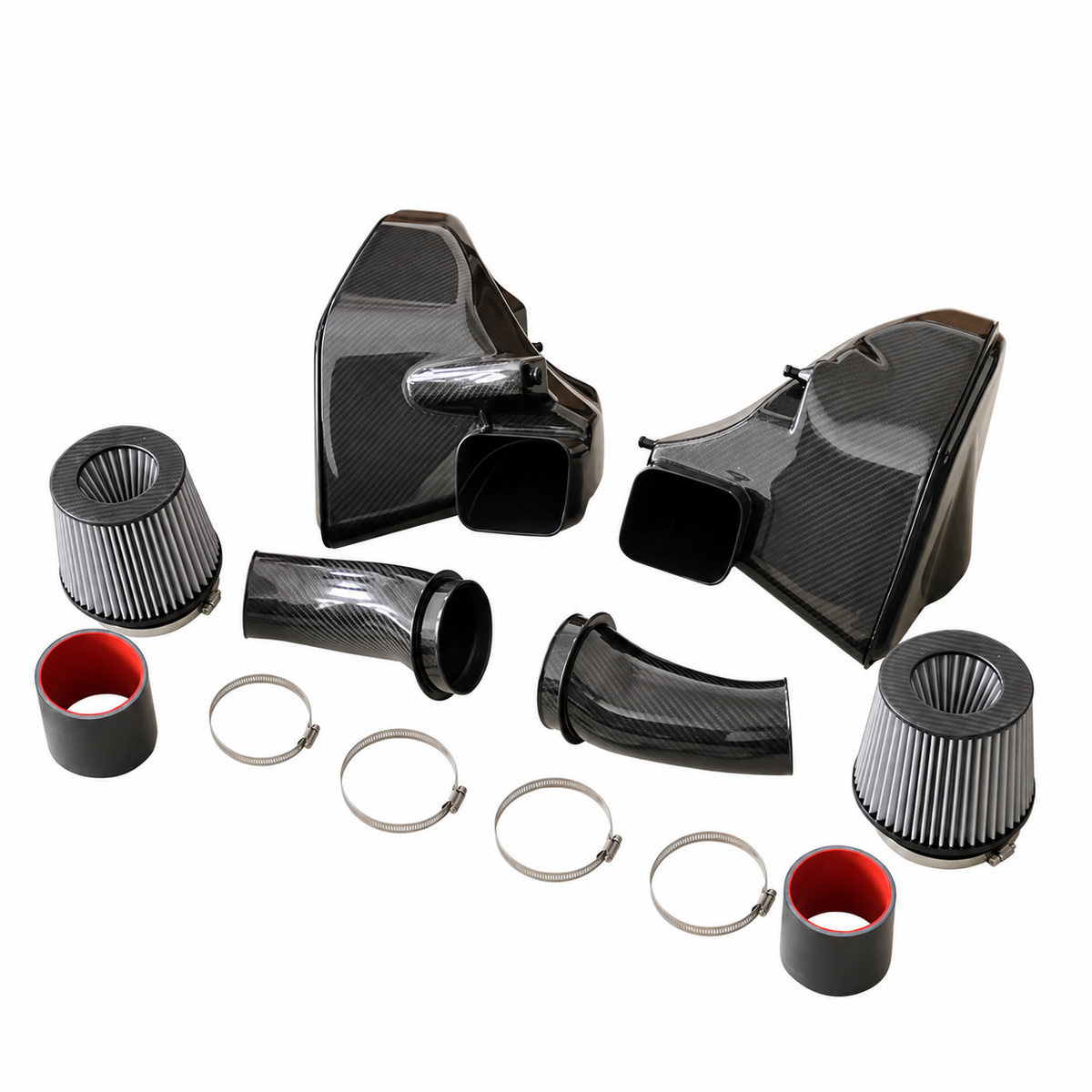BMW M5 F90 S63 carbon fiber cold air intake complete kit with dual airboxes filters couplers clamps and intake pipes