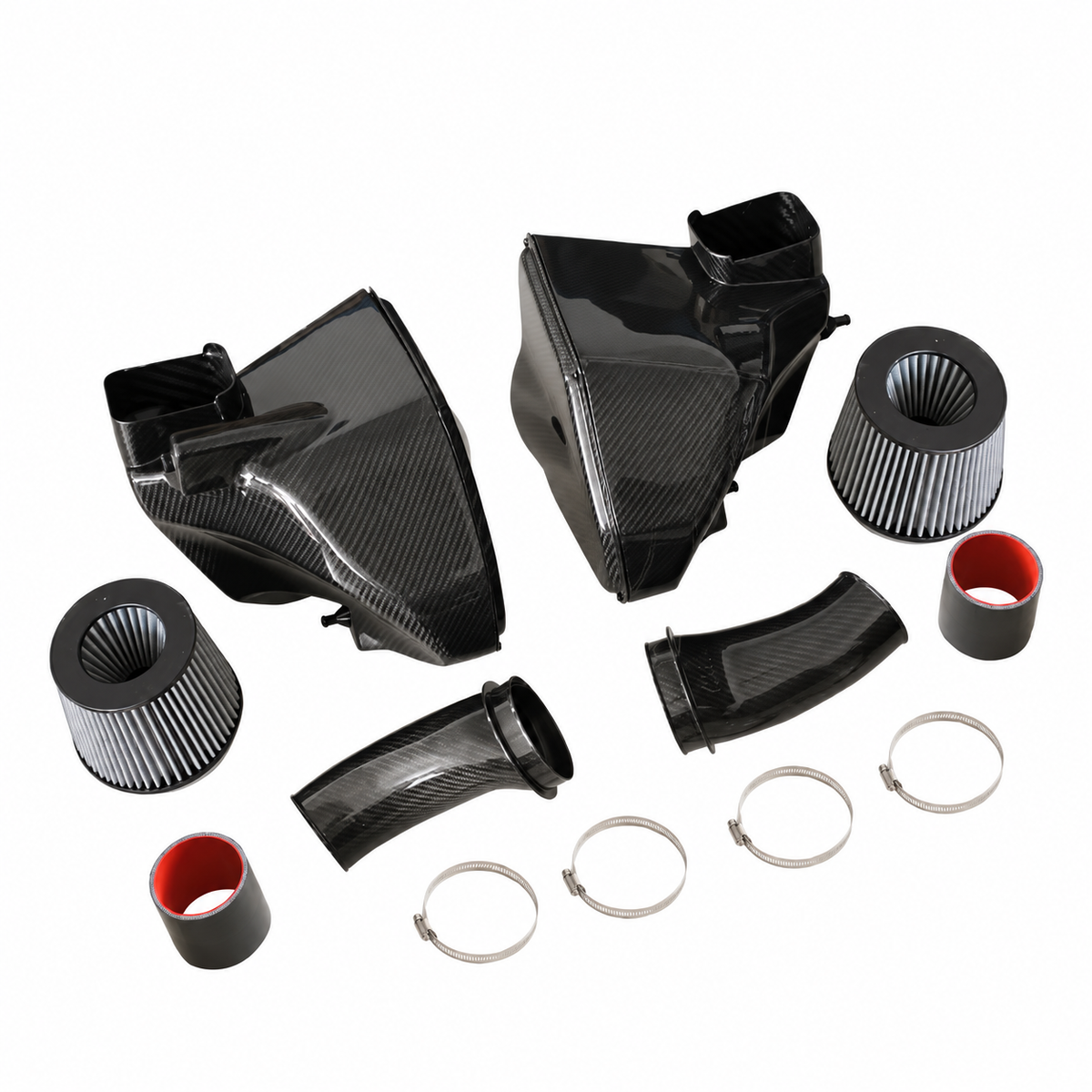 BMW M5 F90 S63 carbon fiber intake system layout with dual airboxes filters intake pipes couplers and clamps