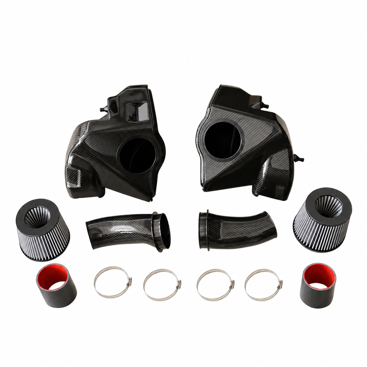 BMW M5 F90 S63 carbon fiber intake system rear view with dual airboxes high-flow filters couplers and clamps