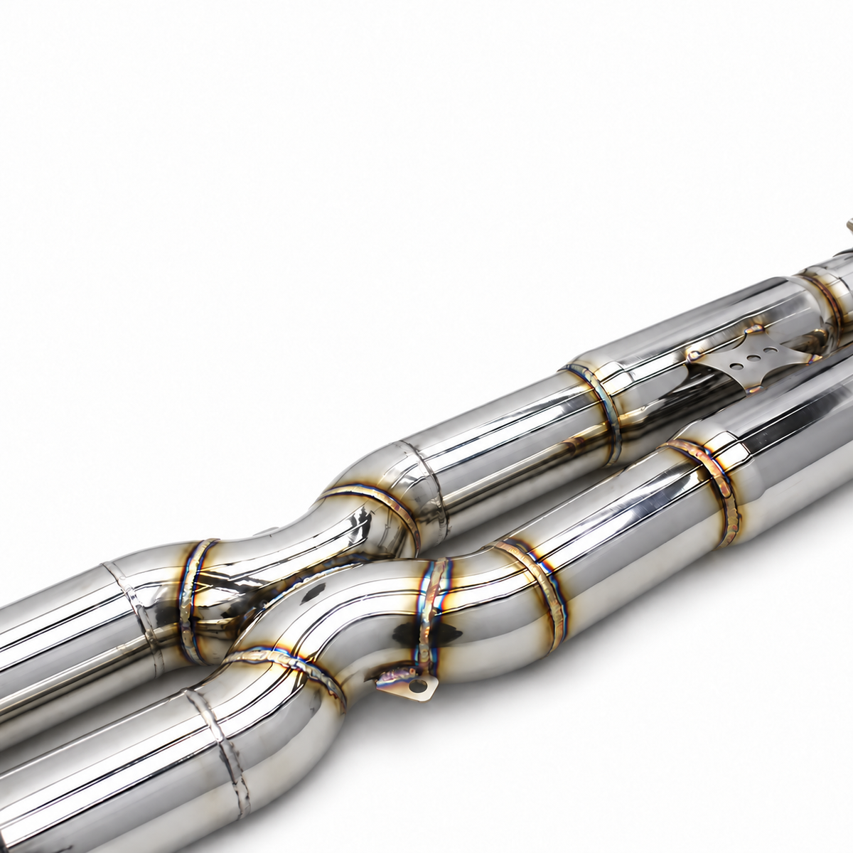 BMW M6 F06 S63 stainless steel exhaust crossover section detail for performance cat-back system