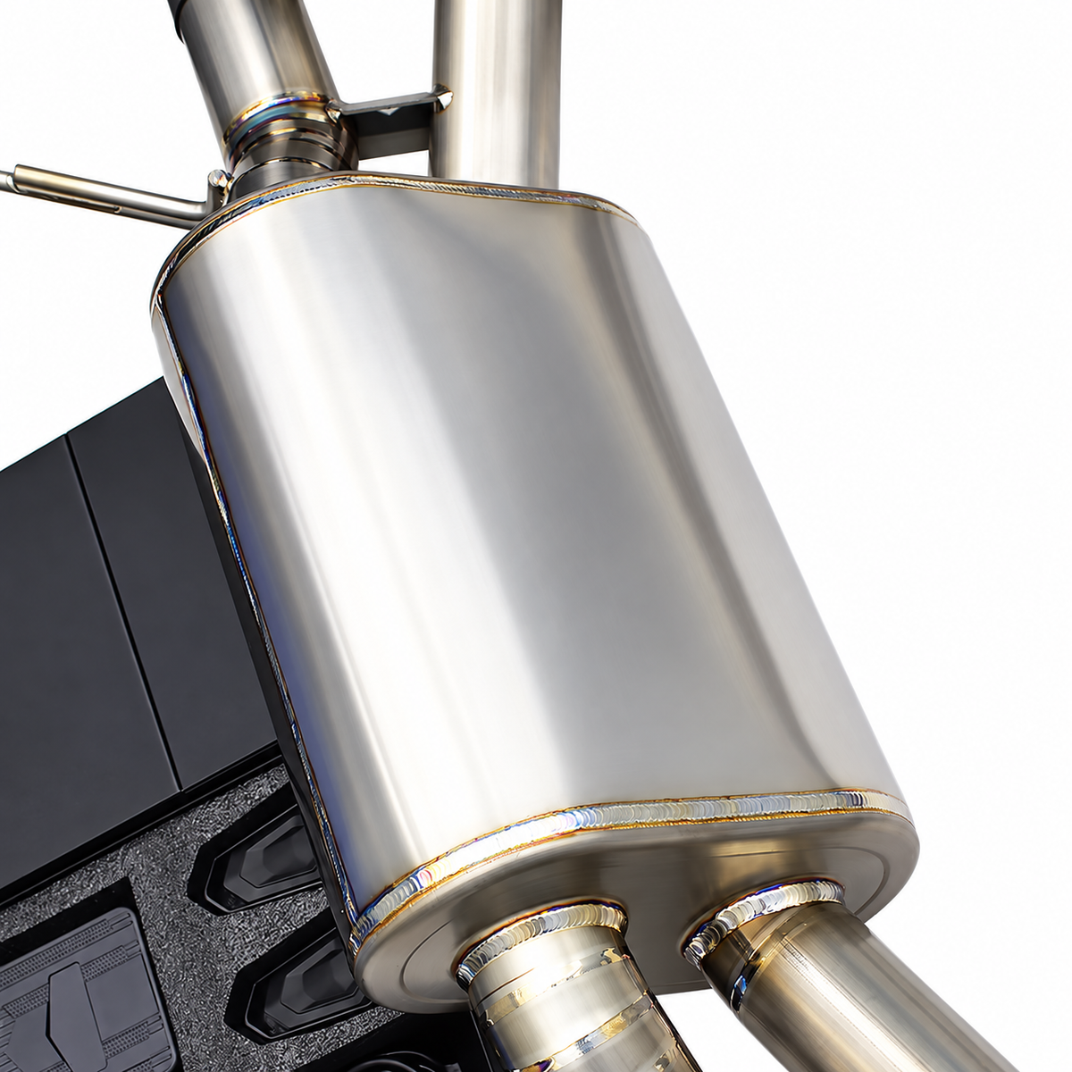 BMW M8 F91 F92 and F93 S63 titanium rear muffler detail for performance valved exhaust system