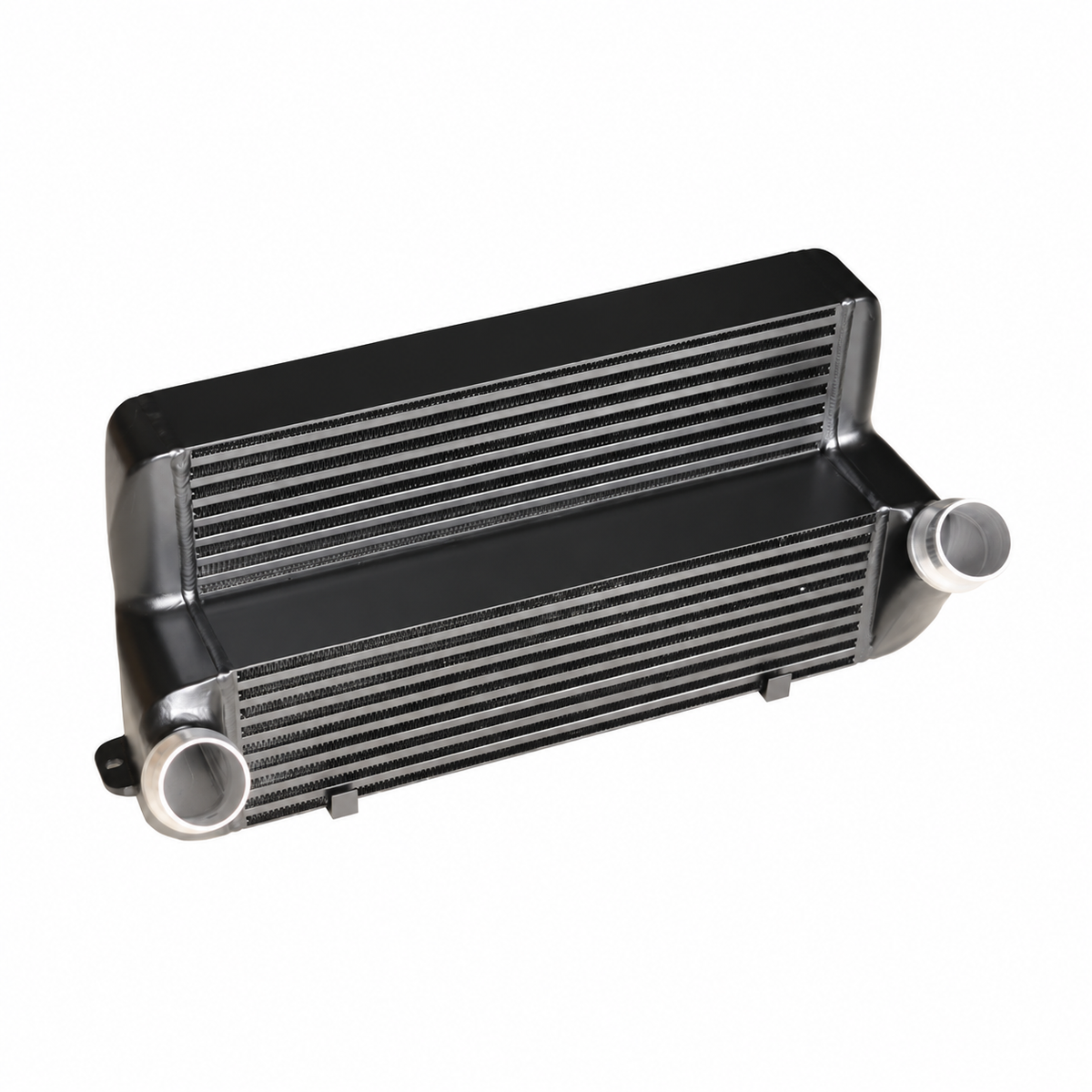 BMW N20 N55 EVO3 performance intercooler angled view with aluminum end tanks and large charge air connections