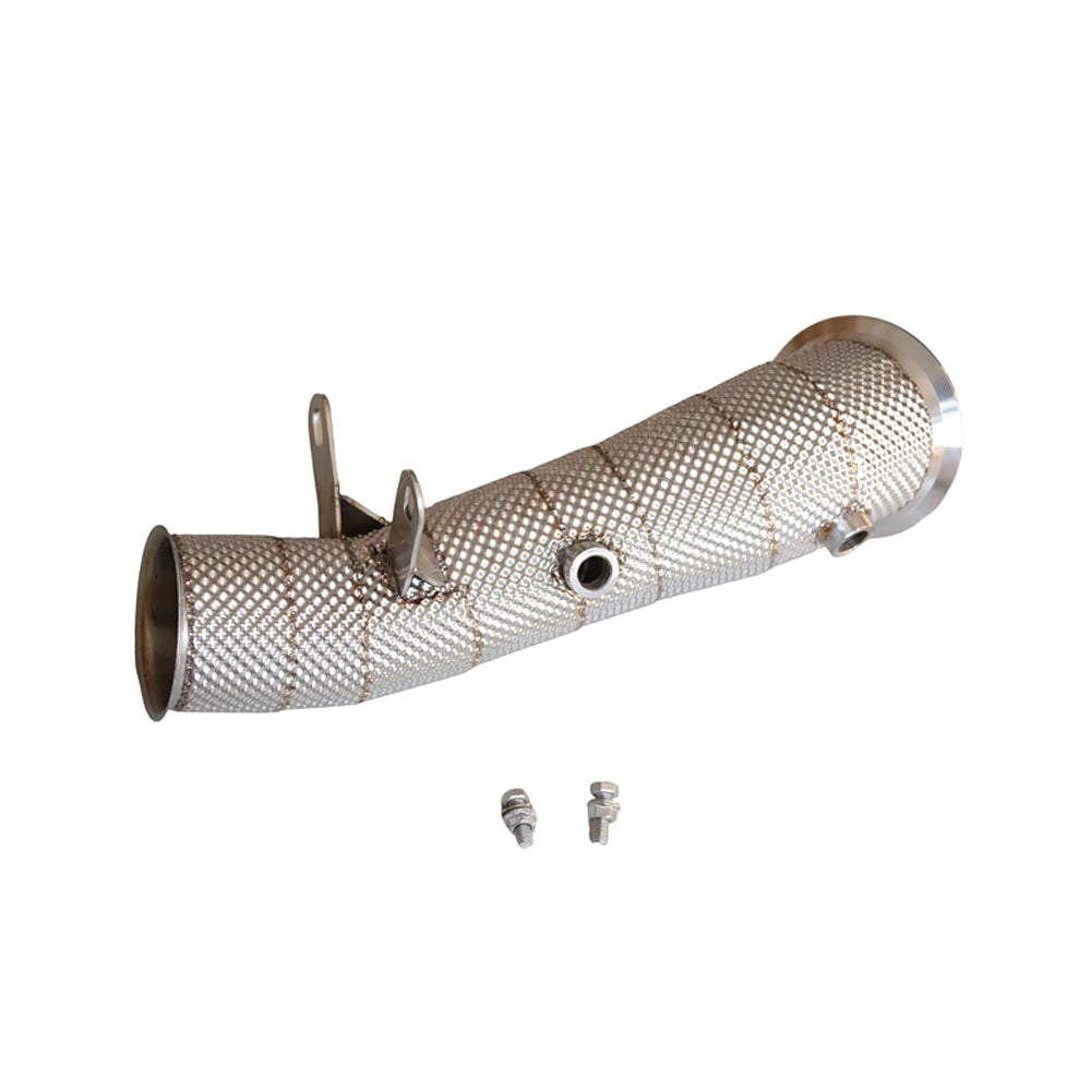 BMW N55 EWG catless downpipe with O2 sensor ports and installation hardware