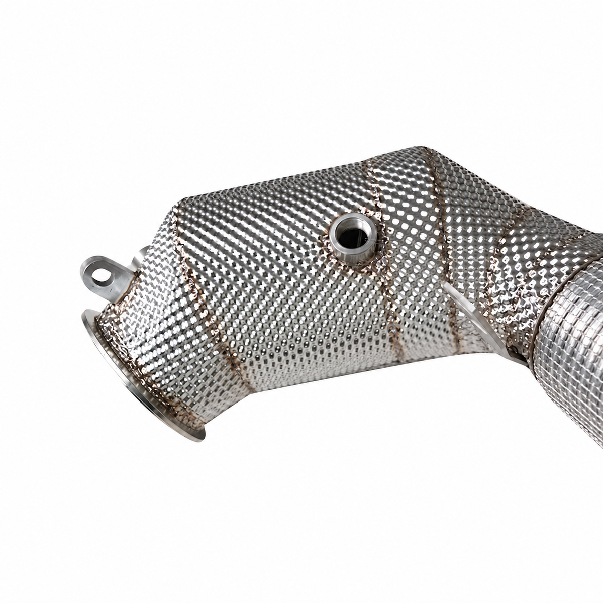 BMW N63 catted downpipe sensor port and heat shield detail