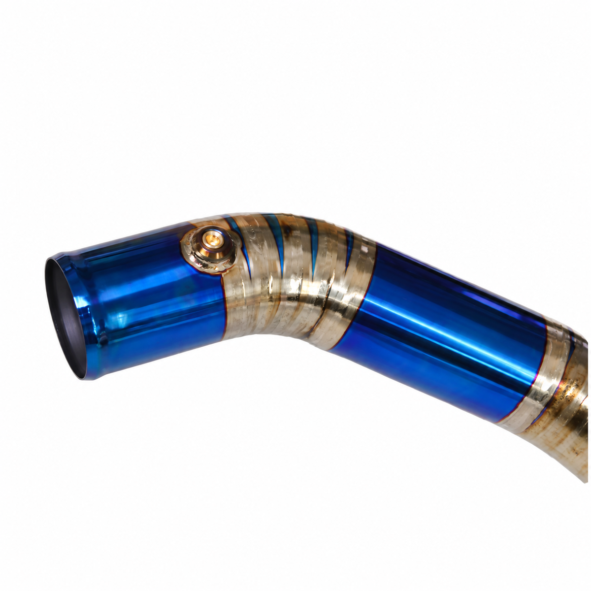 BMW S55 blue titanium charge pipe weld and machined connection detail