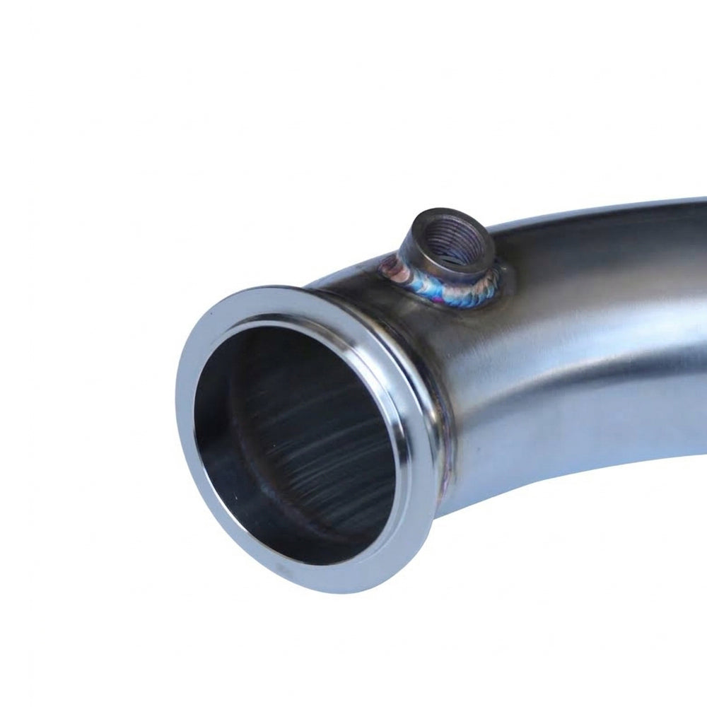 BMW S63 catless downpipe oxygen sensor port close-up