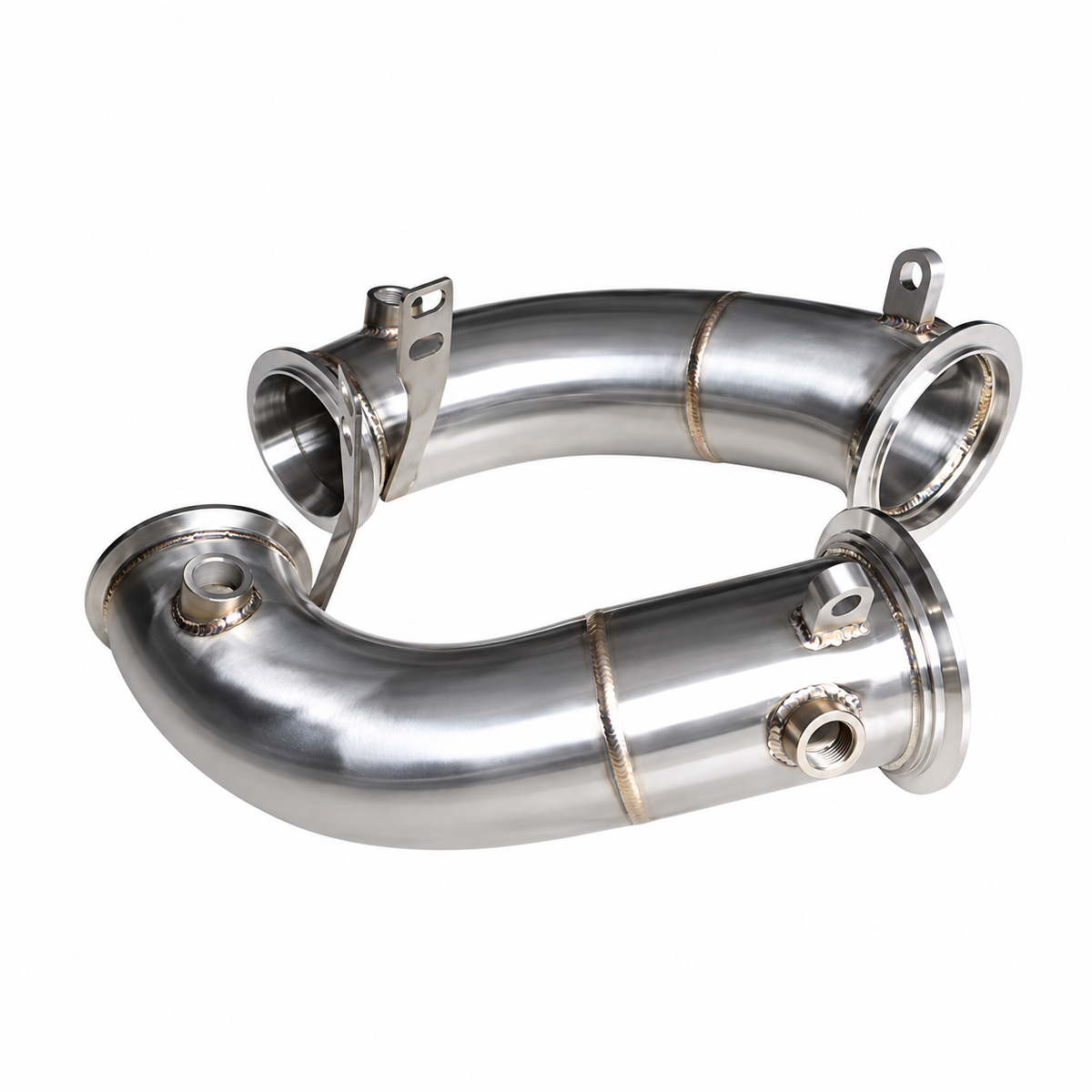 BMW S63 catless downpipe turbo flange oxygen sensor port and mounting detail