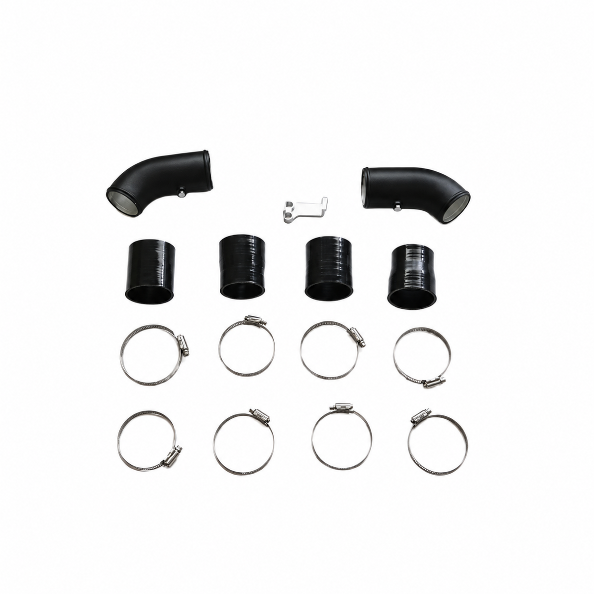 BMW S63 complete charge pipe installation kit with black aluminum pipes silicone couplers clamps and bracket