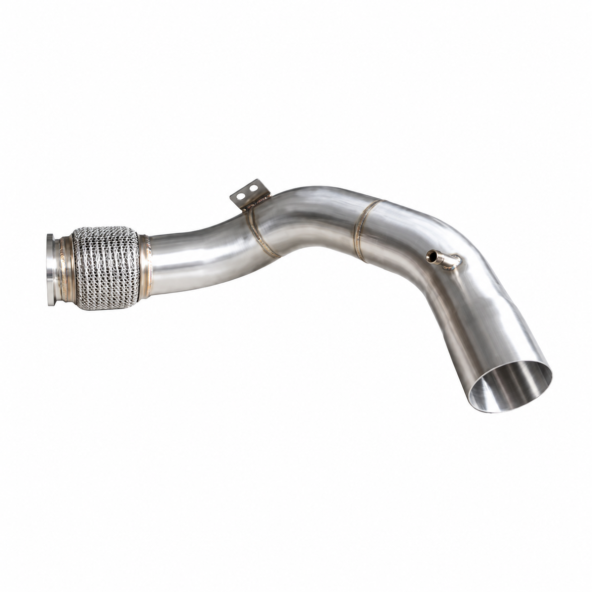 BMW S63 high-flow catless downpipe flex section and stainless steel pipe detail