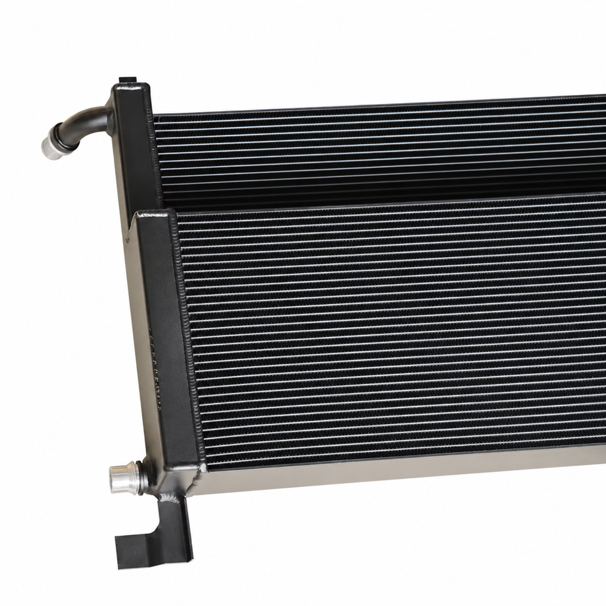BMW S63 performance aluminum radiator cooling core end tank and coolant connection detail