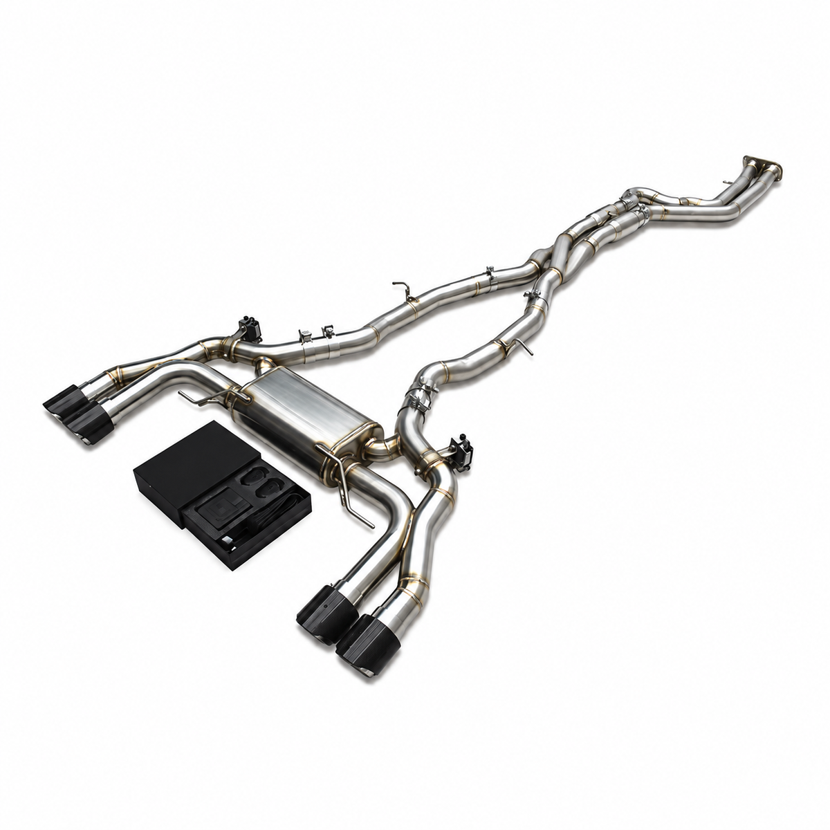 BMW X3M F97 and X4M F98 S58 valved performance exhaust system angle view with quad tips