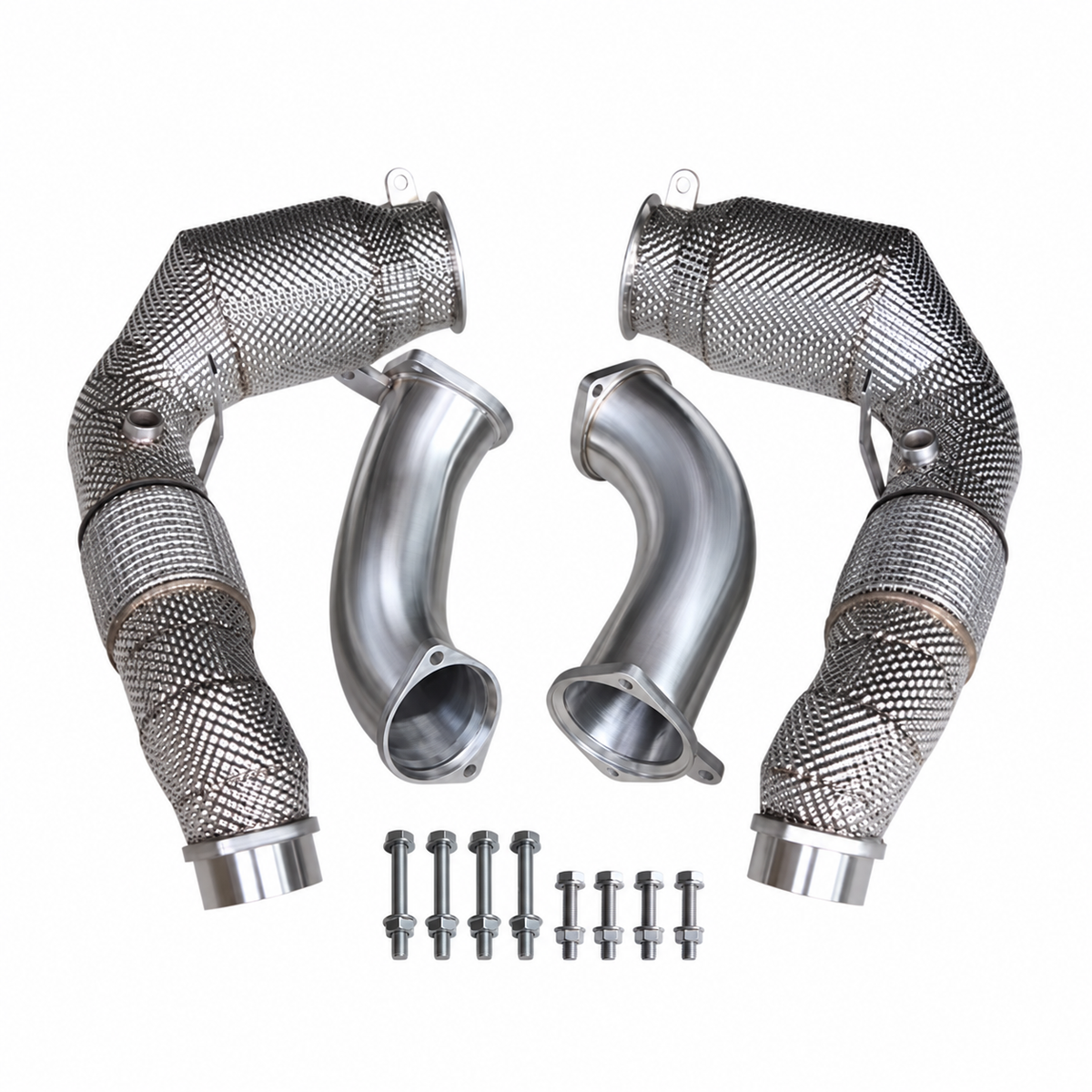 BMW X5M F95 X6M F96 200 cell catted downpipes with heat shields secondary pipes and installation hardware