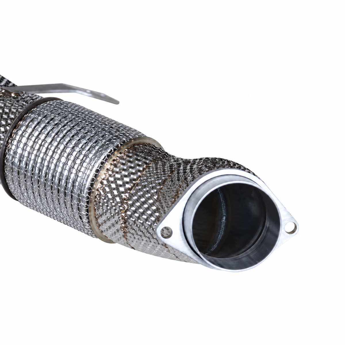 BMW X5M F95 X6M F96 catted downpipe flex section flange and heat shield detail