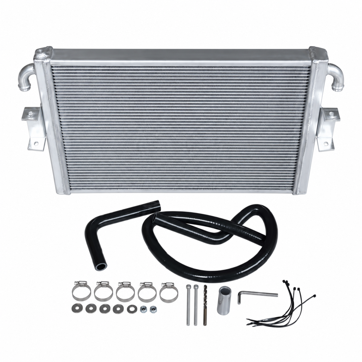 Mercedes-AMG A35 CLA35 GLB35 black performance radiator end tank inlet and mounting detail