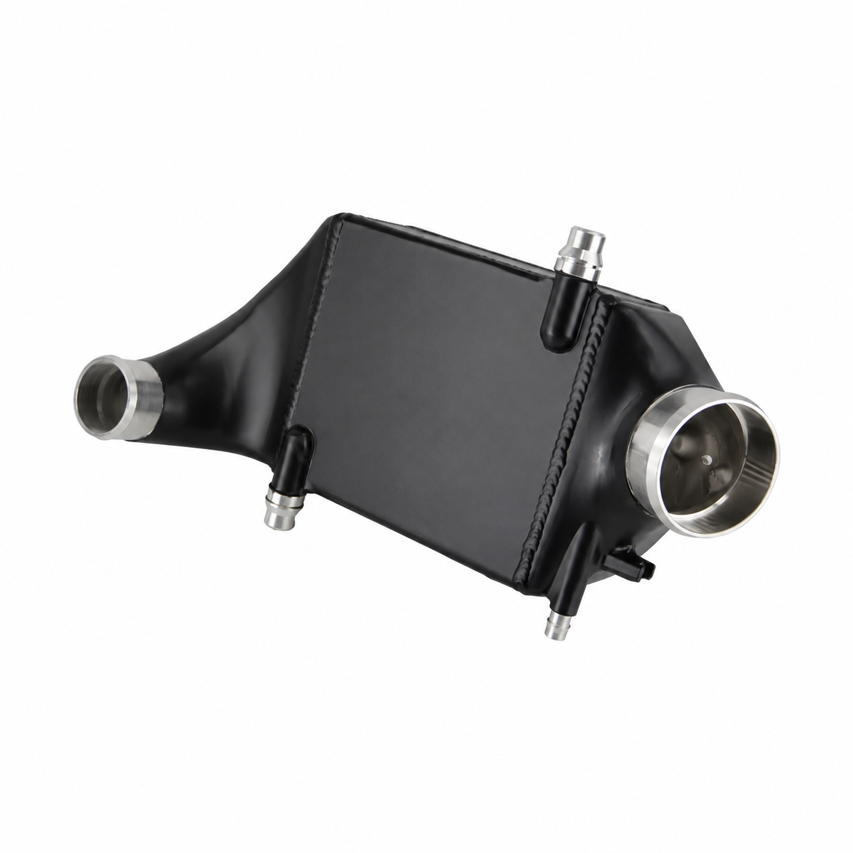 Mercedes-AMG A45 CLA45 GLA45 M133 performance intercooler side view with aluminum charge air and coolant connections