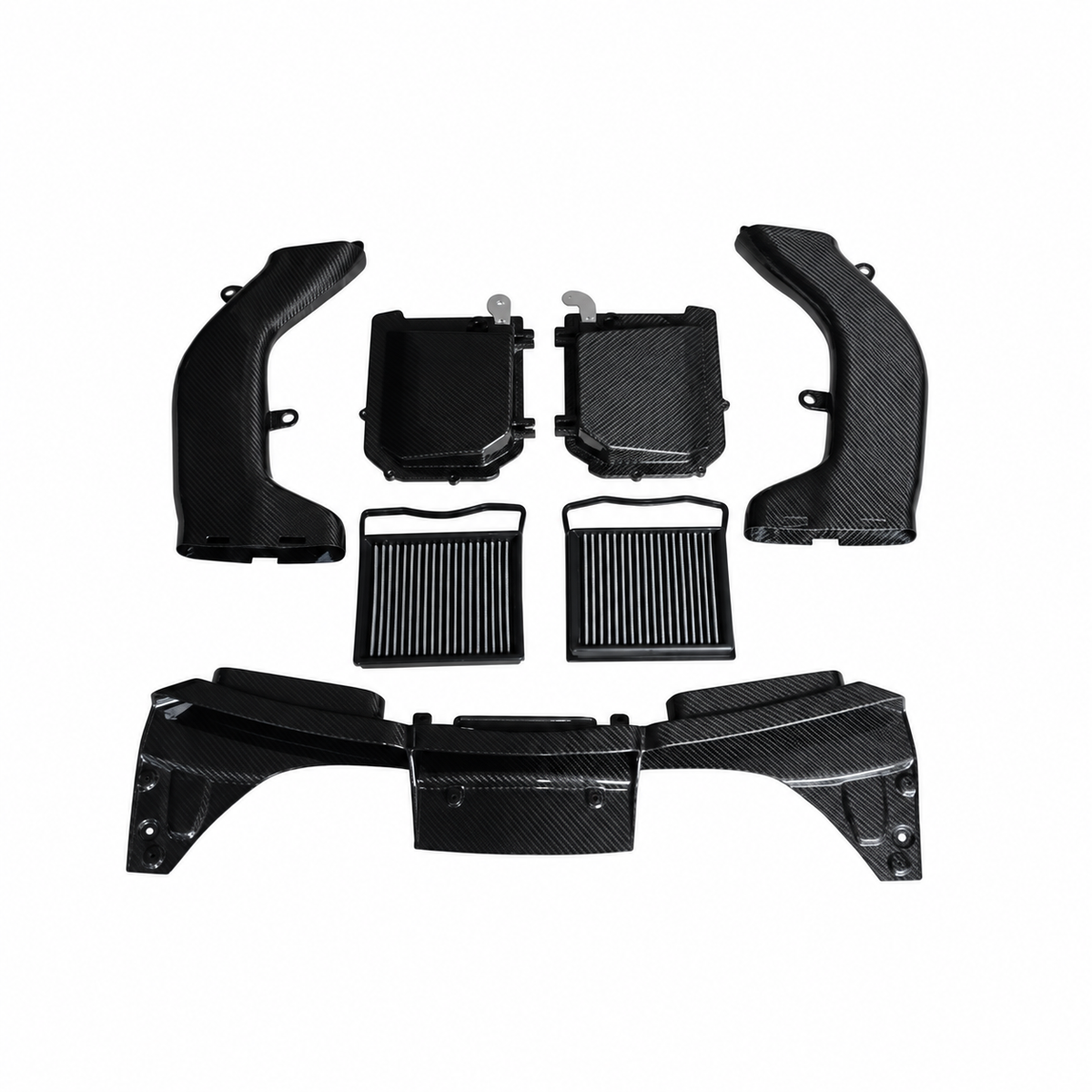 Mercedes-AMG C43 GLC43 M276 carbon fiber intake components rear view with dual airboxes filters ducts and air guide