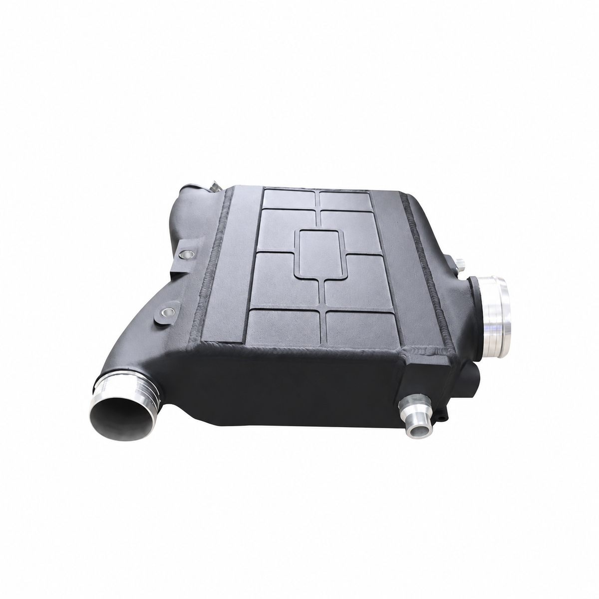 Mercedes-AMG C43 GLC43 M276 performance intercooler rear angled view with aluminum housing and mounting points