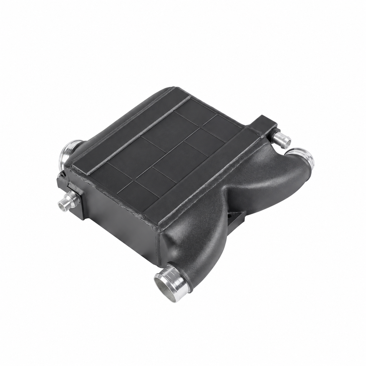 Mercedes-AMG C43 GLC43 M276 performance intercooler angled view with aluminum housing and charge air connections