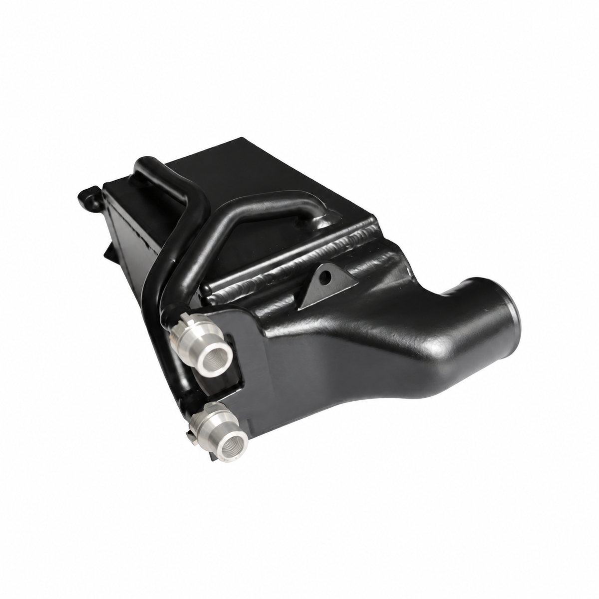 Mercedes-Benz W205 M274 charge air cooler rear angled view with coolant fittings and mounting points