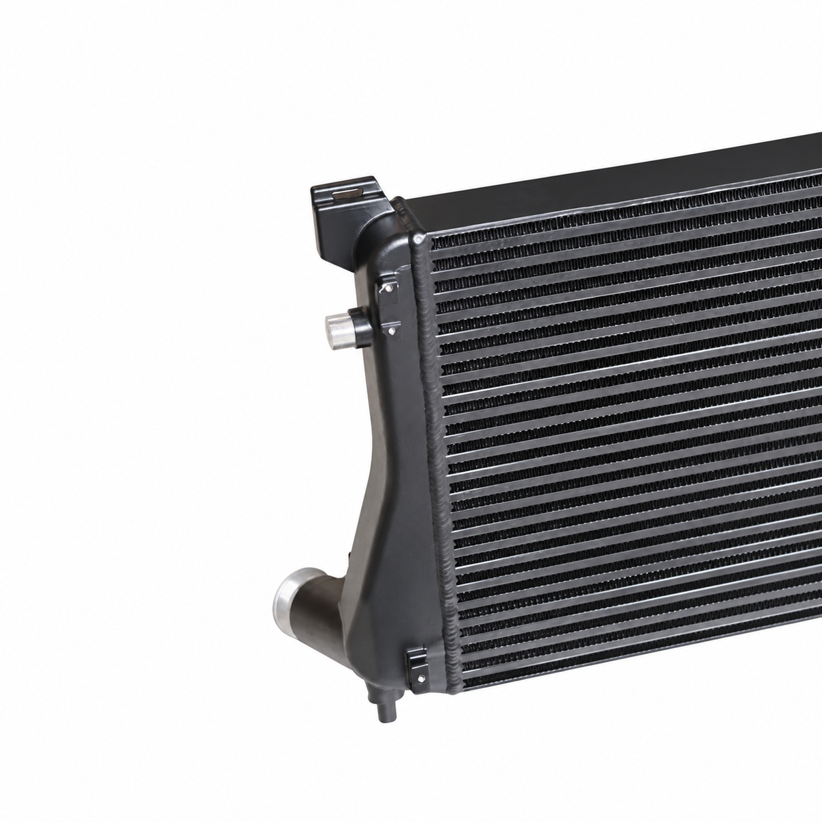 MQB bar and plate intercooler cooling core and aluminum end tank detail